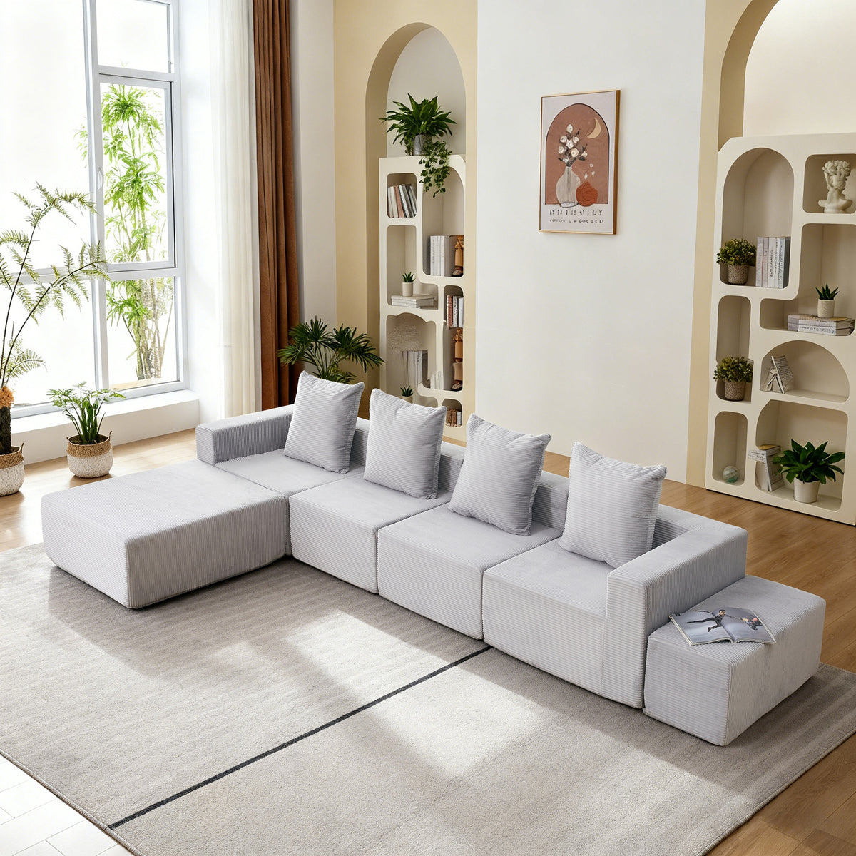 4-Seat Modular Sofa Sectional with Oversized Chaise & Ottomans - Cloud Couch in Soft Corduroy Fabric for Small Spaces, Living Room, Apartment (Gray)