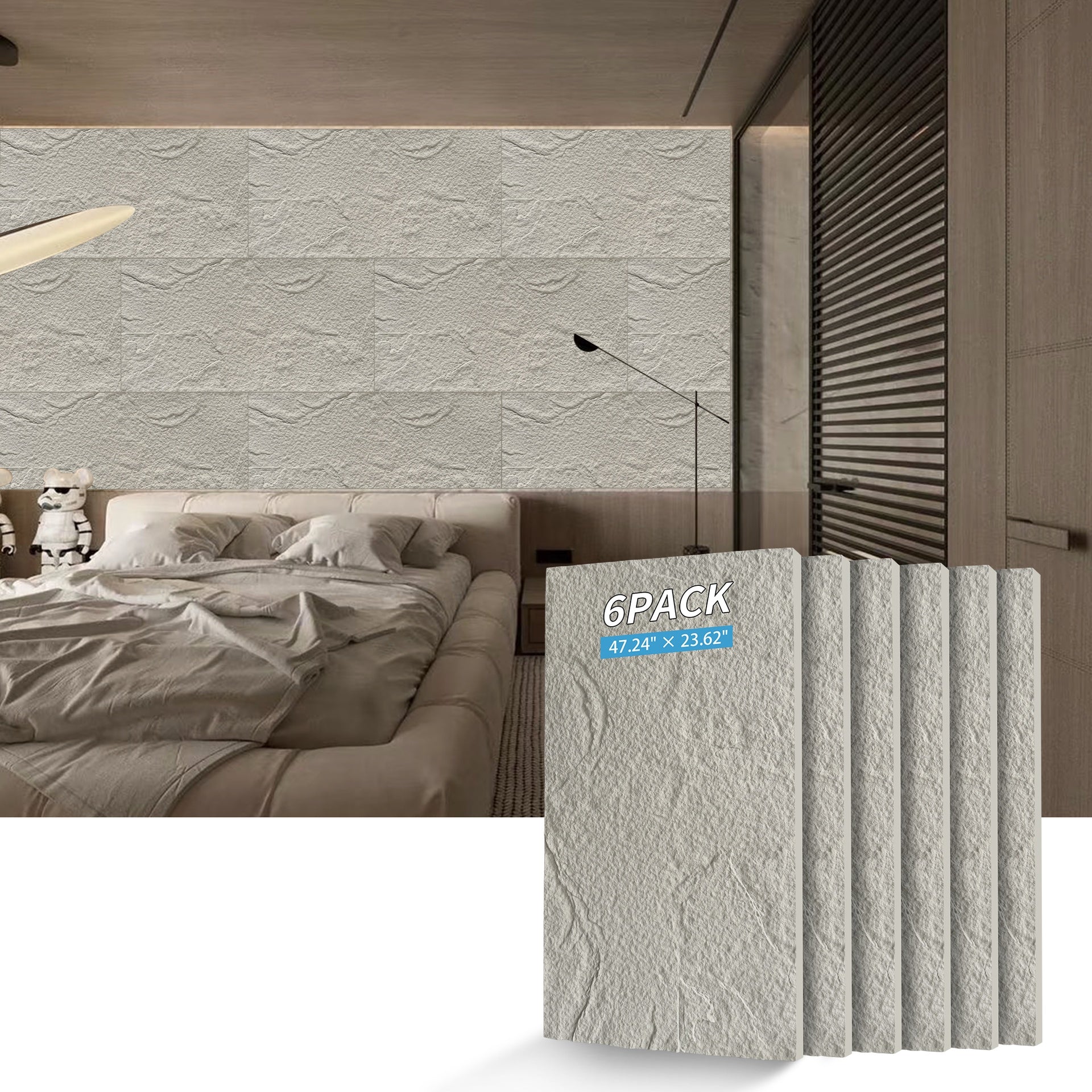 3D Faux Stone Wall Panels, 6 PCS PU Wainscoting Panel for Interior Wall Decor, Flame-resistant & Lightweight & Waterproof, for TV Wall, Office, Living Room, 47.24" × 23.62"(Stone skin)(Cement Grey)