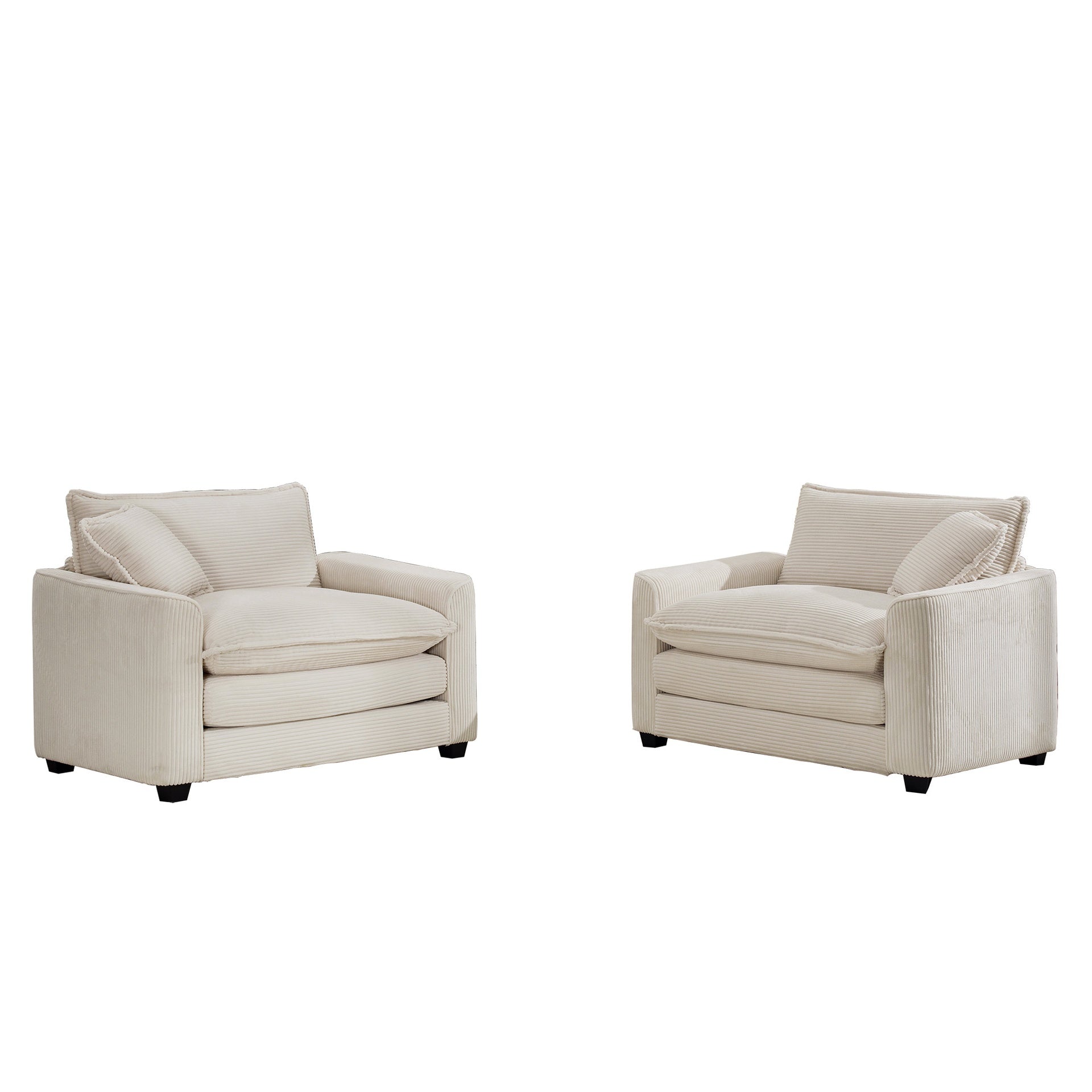 Luxurious and Sophisticated Deep Seated Sofa Set with Two Single Sofas in Light Beige Corduroy Fabric, Set of 2 Accent Chair for Living Room