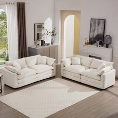 Modern Fabric Living Room Sofa Two Pieces Set, Two 2-Seater Sofas with 8 Cushions,Upholstery Large Deep Seat Sofa Set, Light Beige Corduroy Fabric
