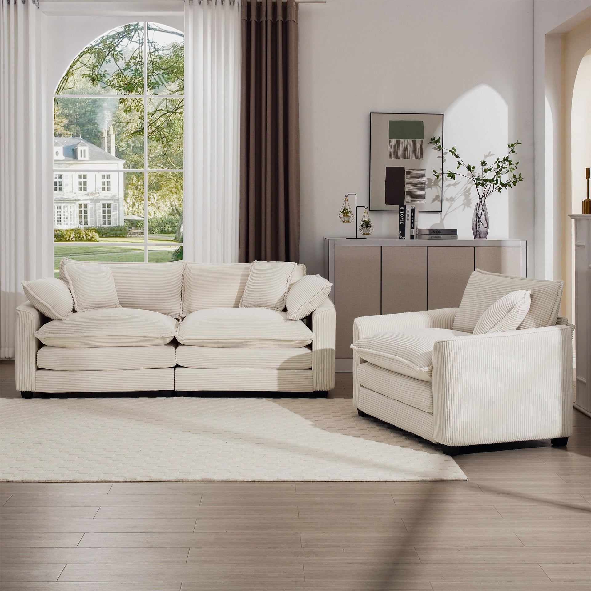 Modern Fabric Living Room Sofa Two Pieces Set, Two 2-Seater Sofas with 8 Cushions,Upholstery Large Deep Seat Sofa Set, Light Beige Corduroy Fabric