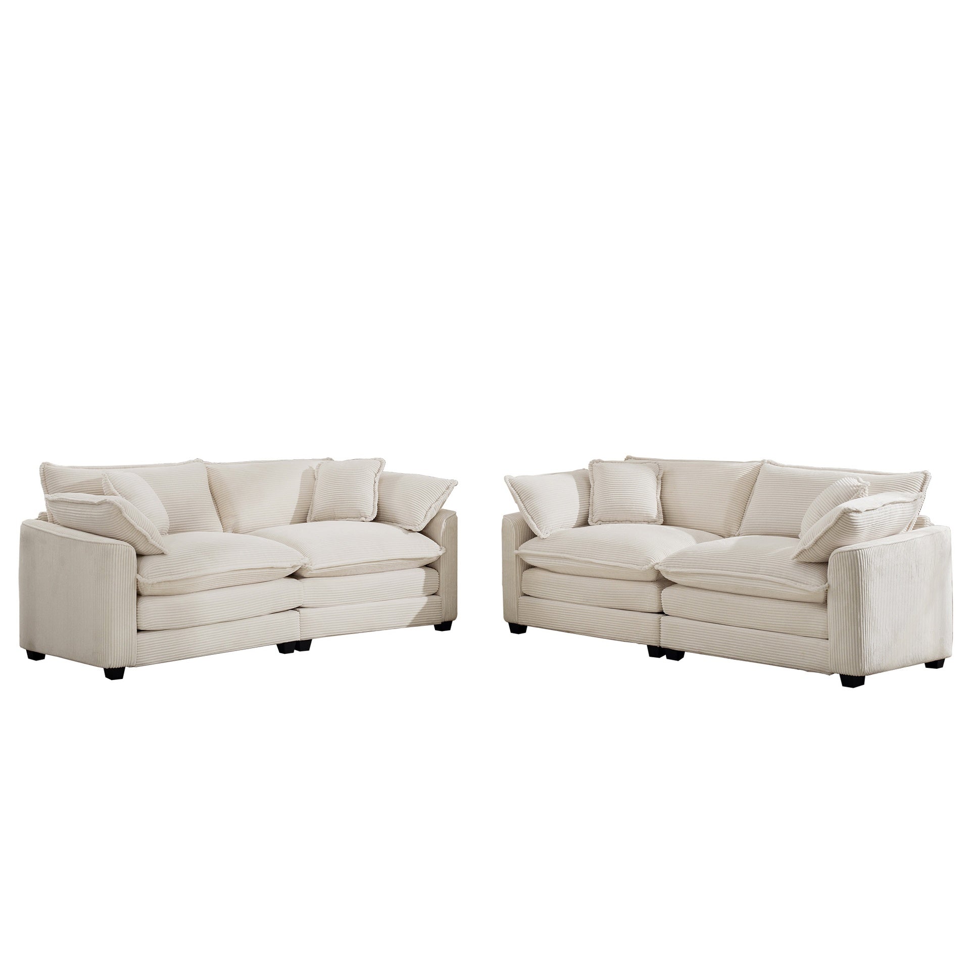 Modern Fabric Living Room Sofa Two Pieces Set, Two 2-Seater Sofas with 8 Cushions,Upholstery Large Deep Seat Sofa Set, Light Beige Corduroy Fabric