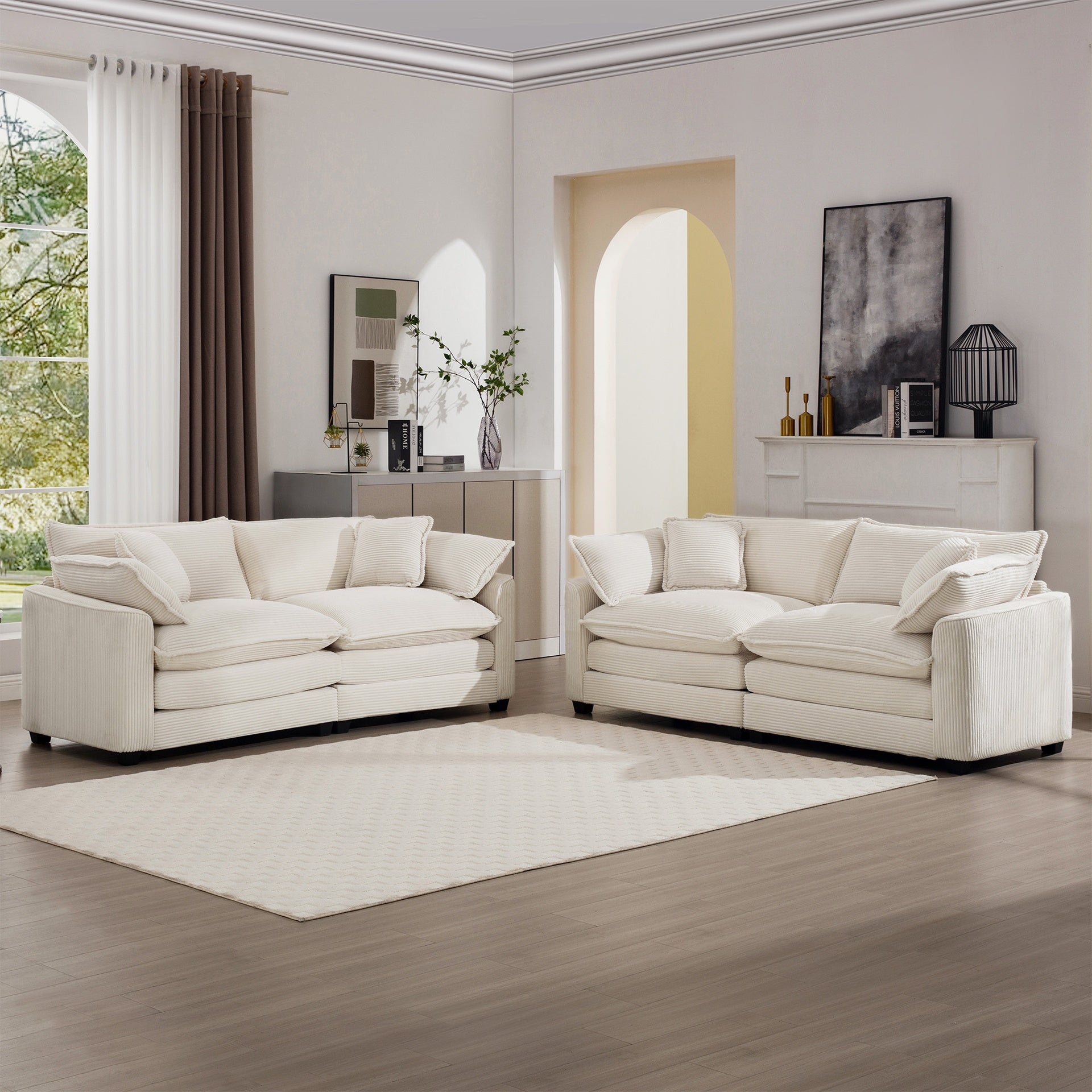 Modern Fabric Living Room Sofa Two Pieces Set, Two 2-Seater Sofas with 8 Cushions,Upholstery Large Deep Seat Sofa Set, Light Beige Corduroy Fabric
