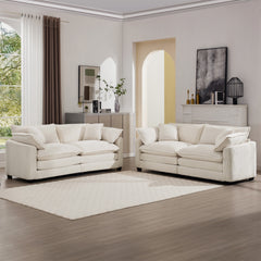 Modern Fabric Living Room Sofa Two Pieces Set, Two 2-Seater Sofas with 8 Cushions,Upholstery Large Deep Seat Sofa Set, Light Beige Corduroy Fabric