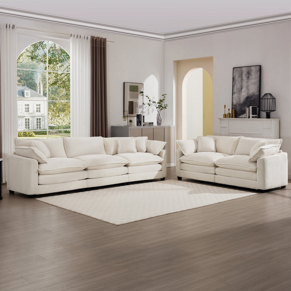 Modern Fabric Living Room Set of 2 Sofas with One 2-Seat Sofa and one 3 - Seat Sofa, Upholstery Large Deep Seat 2 Seatr and 3 Seater Sofa Set, Light Beige Corduroy Fabric