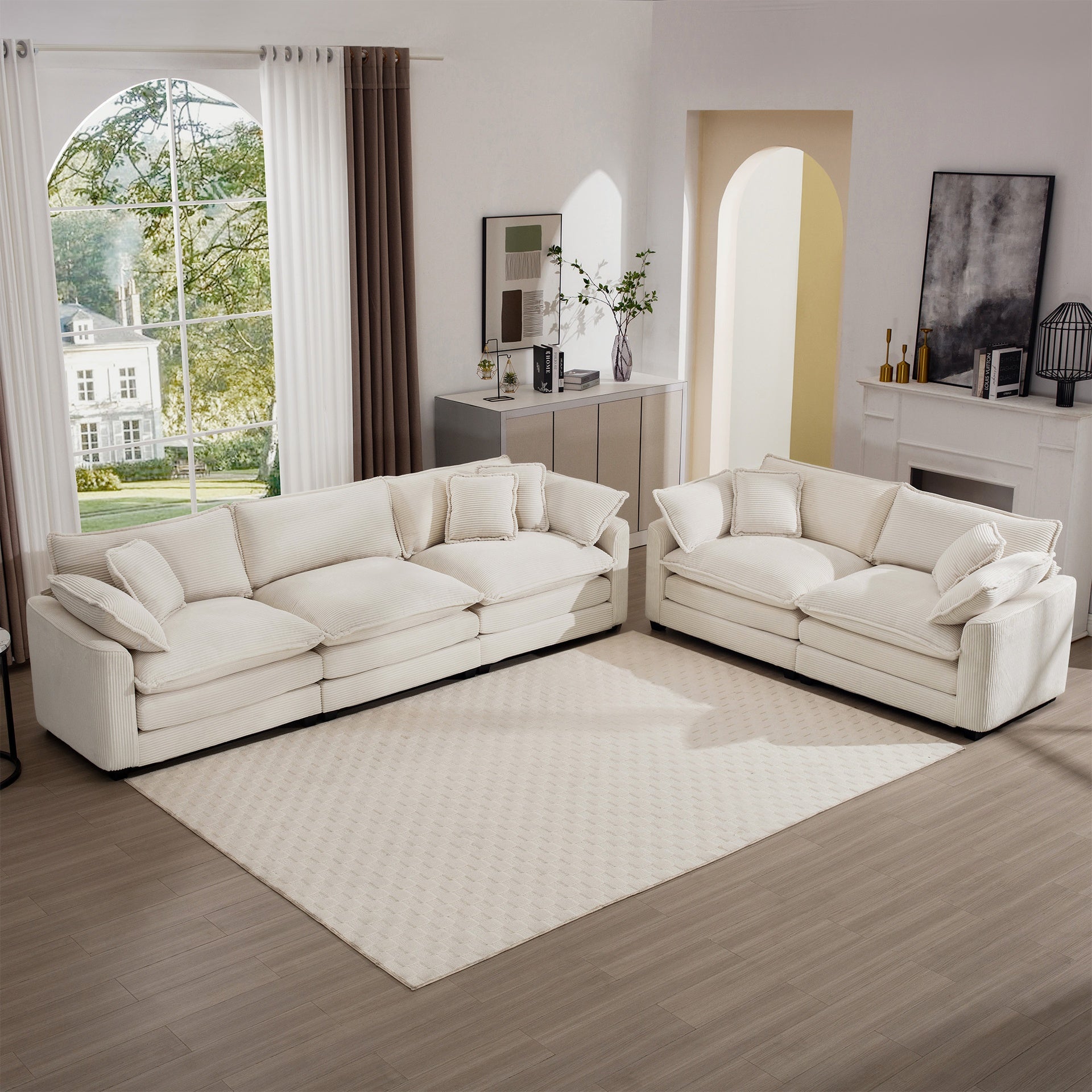 Modern Fabric Living Room Set of 2 Sofas with One 2-Seat Sofa and one 3 - Seat Sofa, Upholstery Large Deep Seat 2 Seatr and 3 Seater Sofa Set, Light Beige Corduroy Fabric