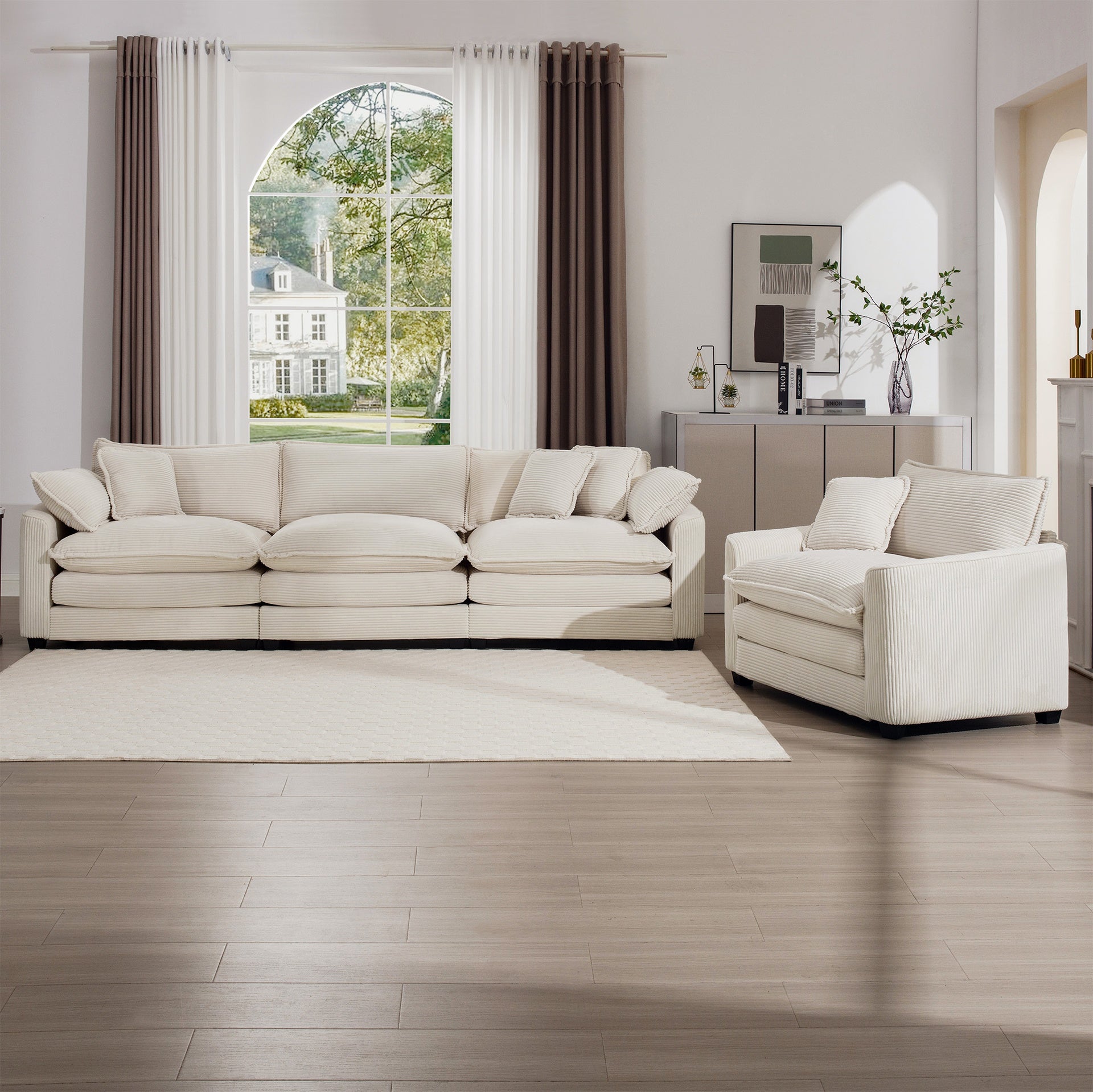 Mid-Century Modern Set of 2 Sofas with One 3-Seater Sofa and One Single Accent Chair, Light Beige Corduroy Fabric