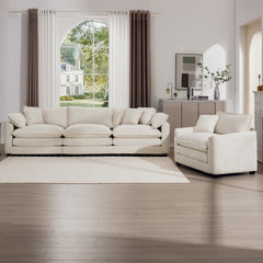 Mid-Century Modern Set of 2 Sofas with One 3-Seater Sofa and One Single Accent Chair, Light Beige Corduroy Fabric