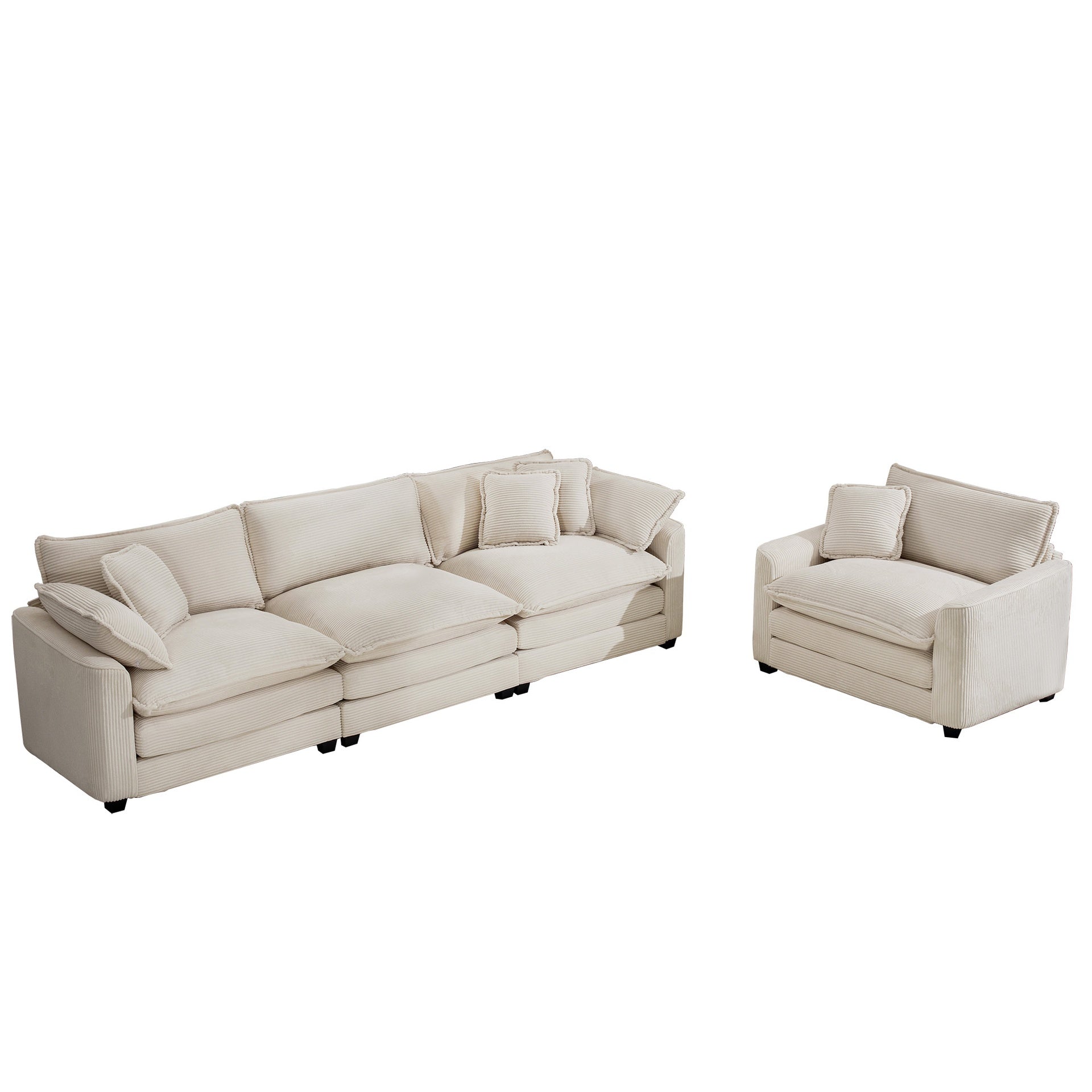 Mid-Century Modern Set of 2 Sofas with One 3-Seater Sofa and One Single Accent Chair, Light Beige Corduroy Fabric