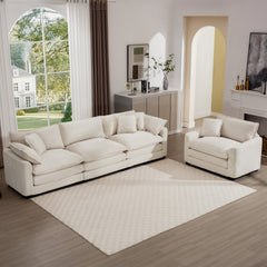 Mid-Century Modern Set of 2 Sofas with One 3-Seater Sofa and One Single Accent Chair, Light Beige Corduroy Fabric