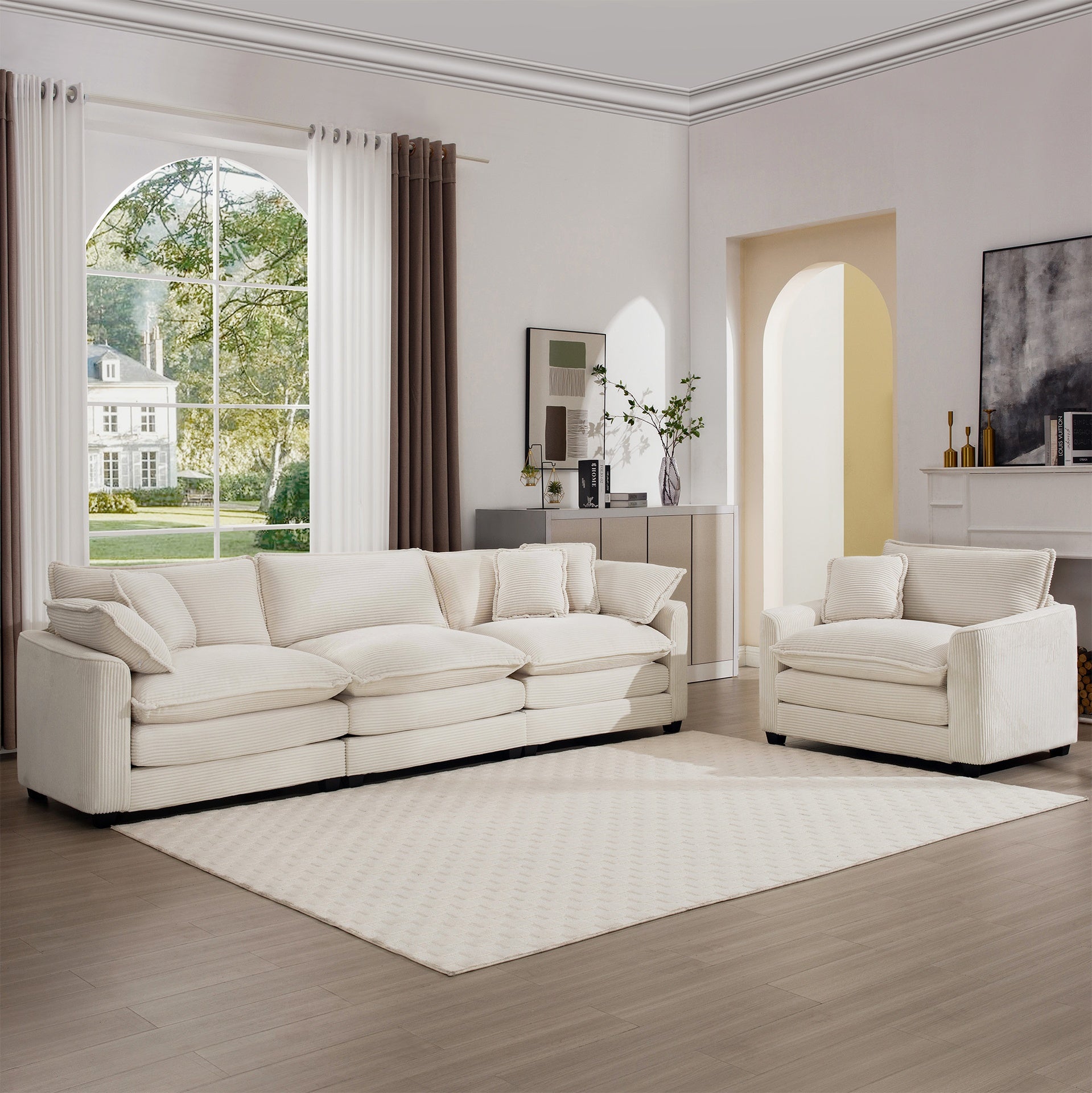 Mid-Century Modern Set of 2 Sofas with One 3-Seater Sofa and One Single Accent Chair, Light Beige Corduroy Fabric