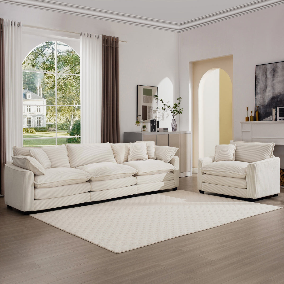 Mid-Century Modern Set of 2 Sofas with One 3-Seater Sofa and One Single Accent Chair, Light Beige Corduroy Fabric