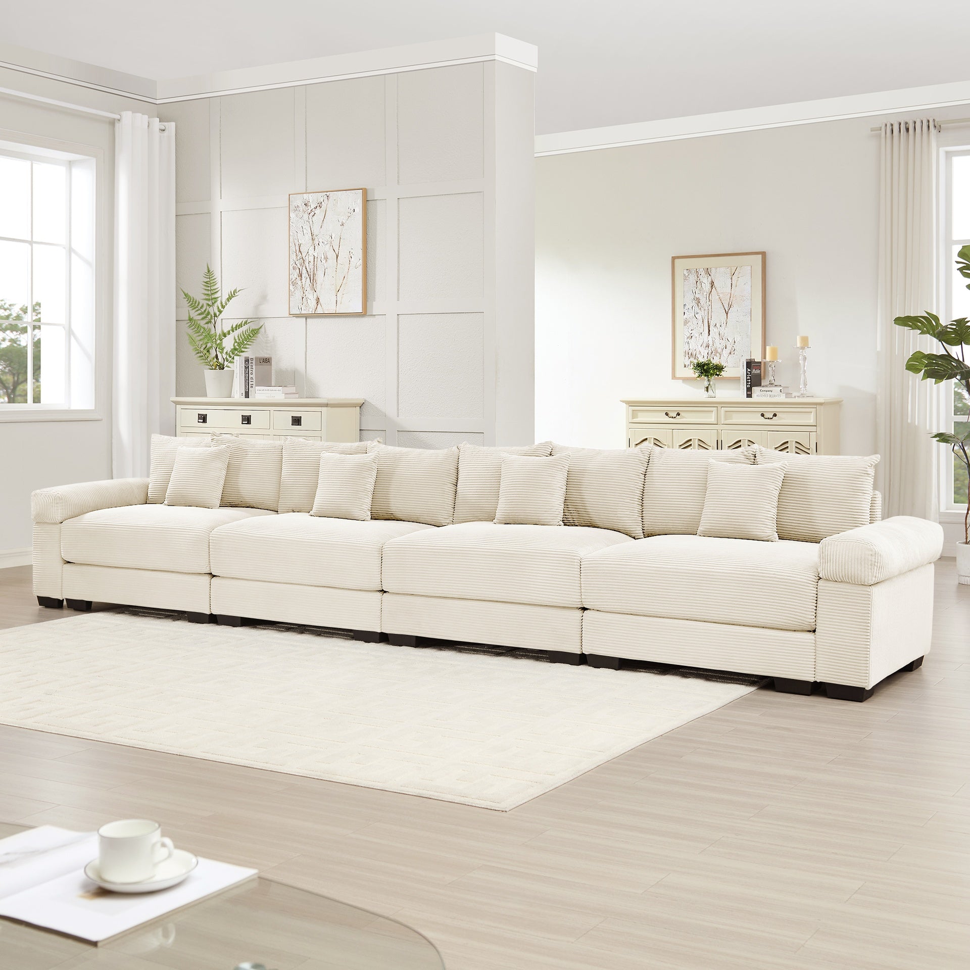 170" Oversized Cloud Modular Sectional Couch, Premium Corduroy 3-Seater Extra-Thick Armrests,Good Resilience Cushion,12 Throw Pillows,Ergonomic Design, Easy Assembly,For Living Rooms,Cream