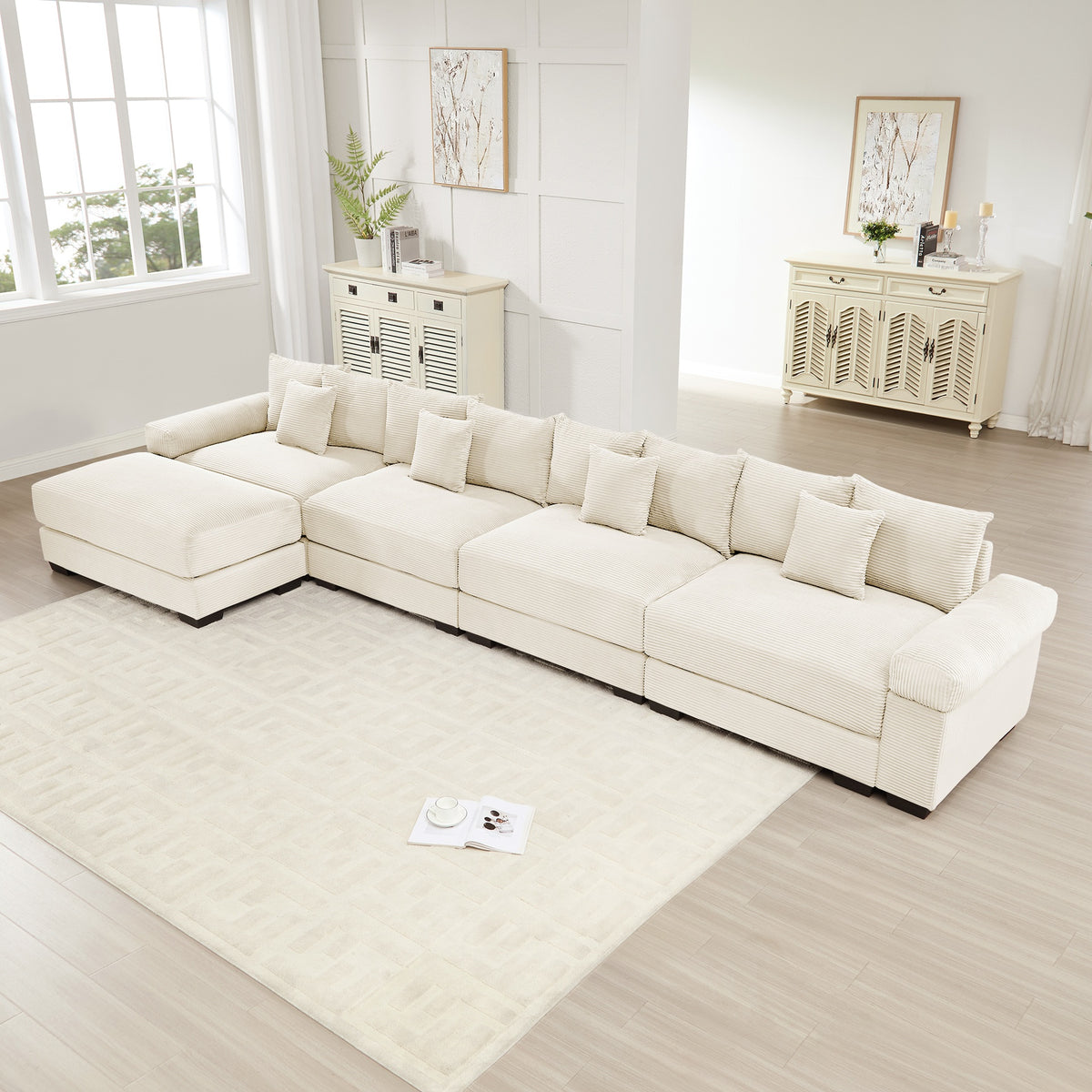 170" Oversized Cloud Modular L-Shape Sectional Couch,Soft Corduroy Fabric,With An Ottoman Deep Seat Wide Armrests,Ergonomic Design,12 Throw Pillows, Easy Assembly,For Living Rooms Studies,Cream