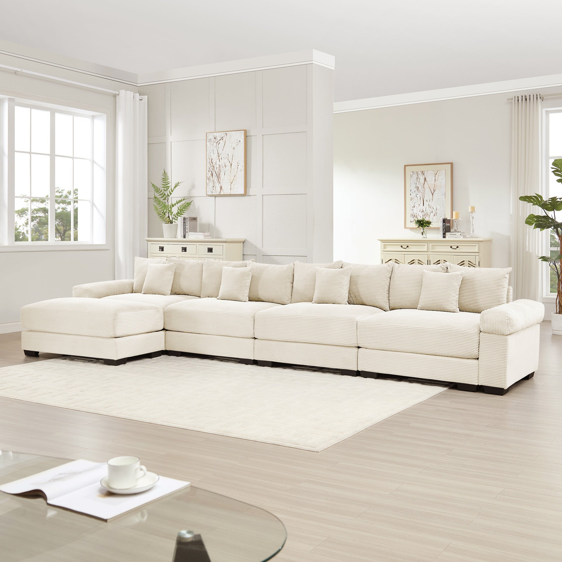 170" Oversized Cloud Modular L-Shape Sectional Couch,Soft Corduroy Fabric,With An Ottoman Deep Seat Wide Armrests,Ergonomic Design,12 Throw Pillows, Easy Assembly,For Living Rooms Studies,Cream