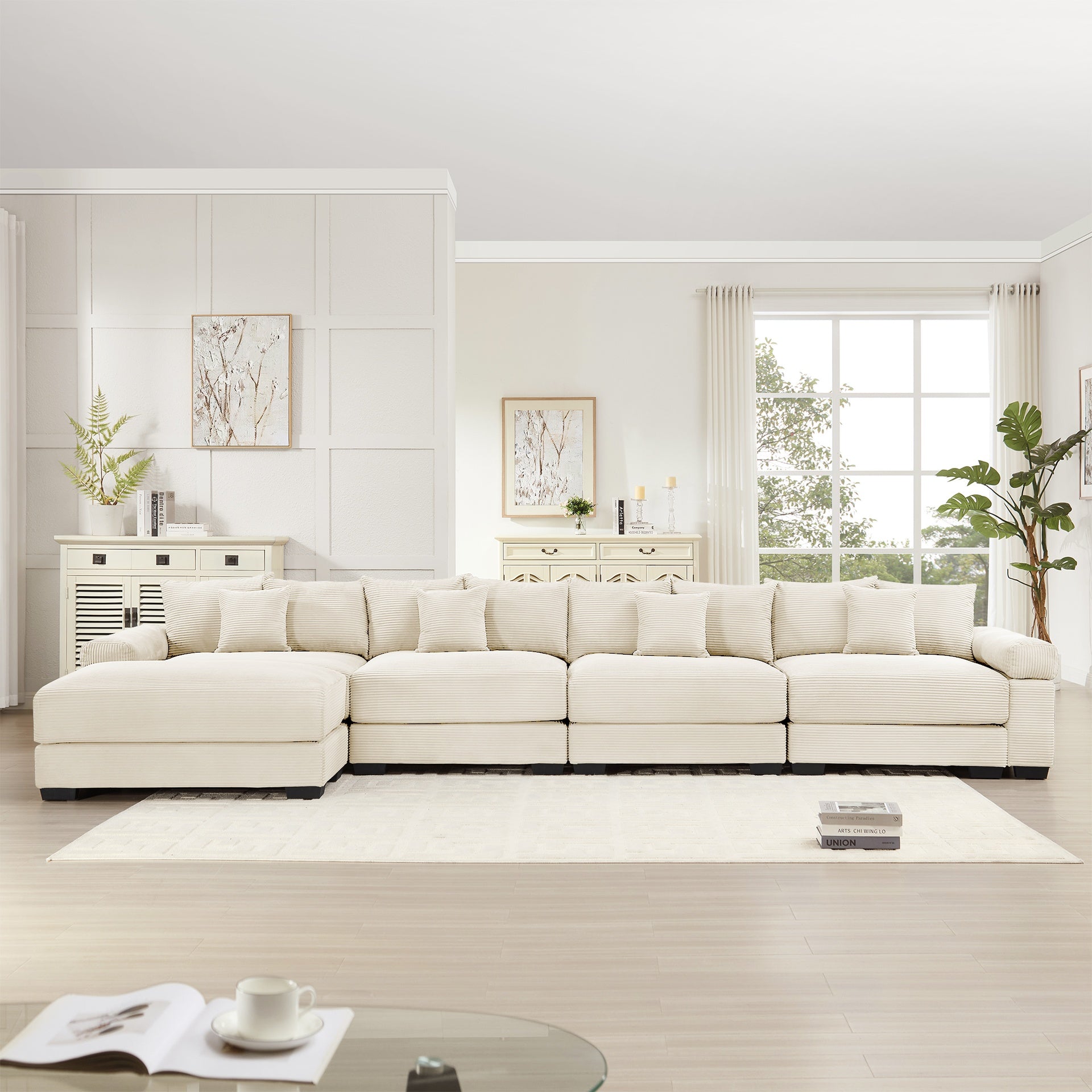 170" Oversized Cloud Modular L-Shape Sectional Couch,Soft Corduroy Fabric,With An Ottoman Deep Seat Wide Armrests,Ergonomic Design,12 Throw Pillows, Easy Assembly,For Living Rooms Studies,Cream