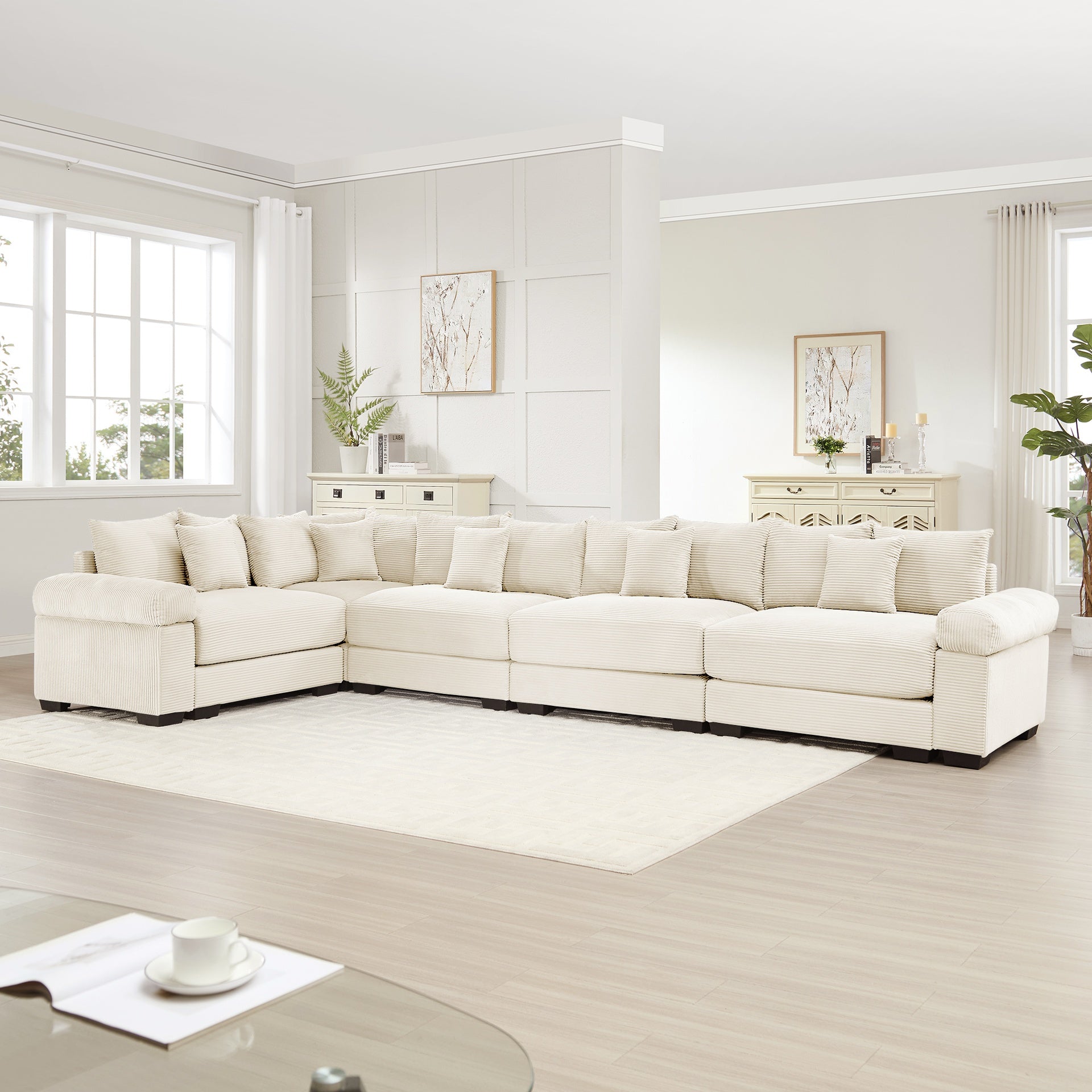 Oversized Cloud Modular Sectional Couch,Convertible Sectional Couches Deep Seat Extra-Wide Armrests,18Throw Pillows Premium Corduroy Fabric,Ergonomic Design,Easy Assembly, For Study,Cream