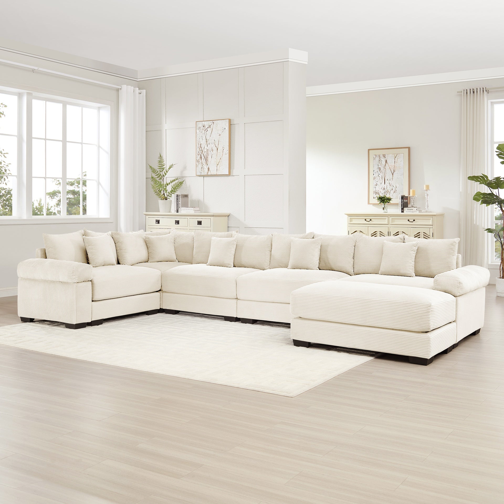 Oversized Cloud Modular Sectional Couch, Convertible Sectional Couches,Extra-Wide Armrests With An Ottoman,Premium Corduroy Fabric,Ergonomic Design,Easy Assembly,For Living Rooms Study,Cream