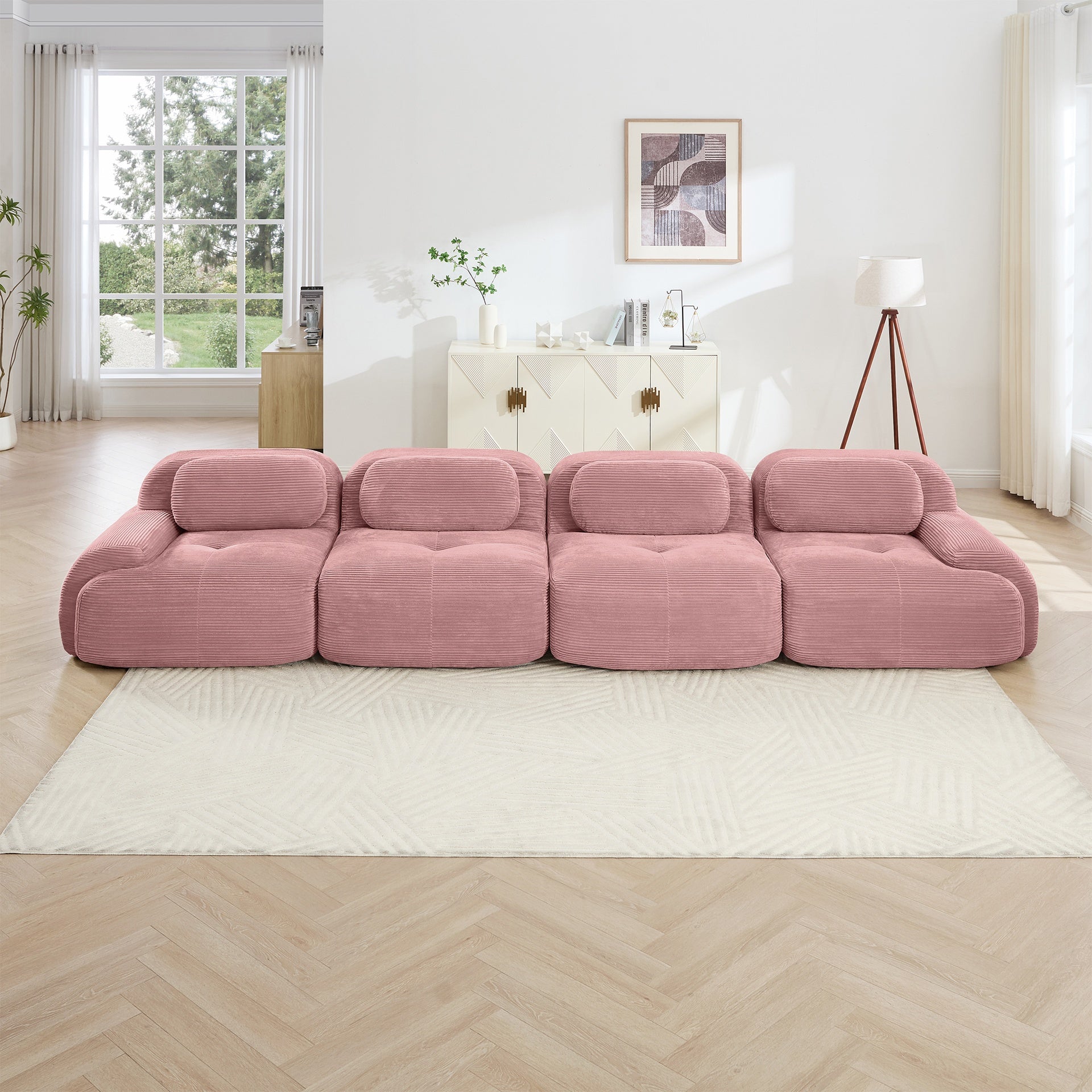 4-seat sofa soft corduroy fabric 32D high-resilience sponge pet-friendly ergonomic design full compression vacuum packaging free combination no assembly for bedrooms studies,Pink