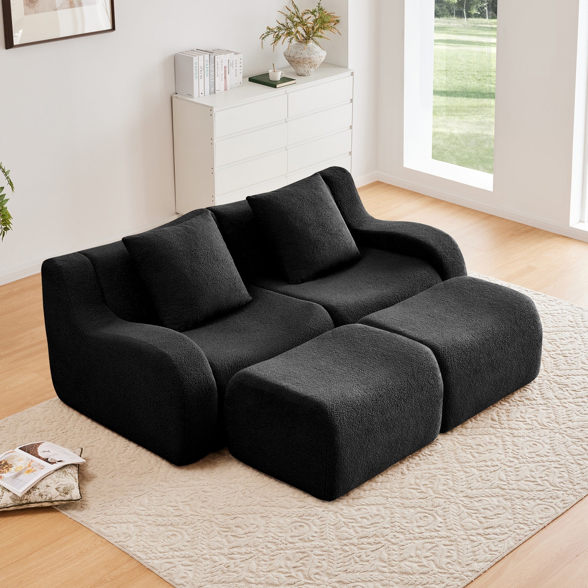 Soft Teddy Fabric Boneless Sofa,Anti-Slip Design,Assembly Chaise Lounge Curved Armrests Ergonomic Support 32D High Density Sponge,For Living Rooms Bedrooms,Black