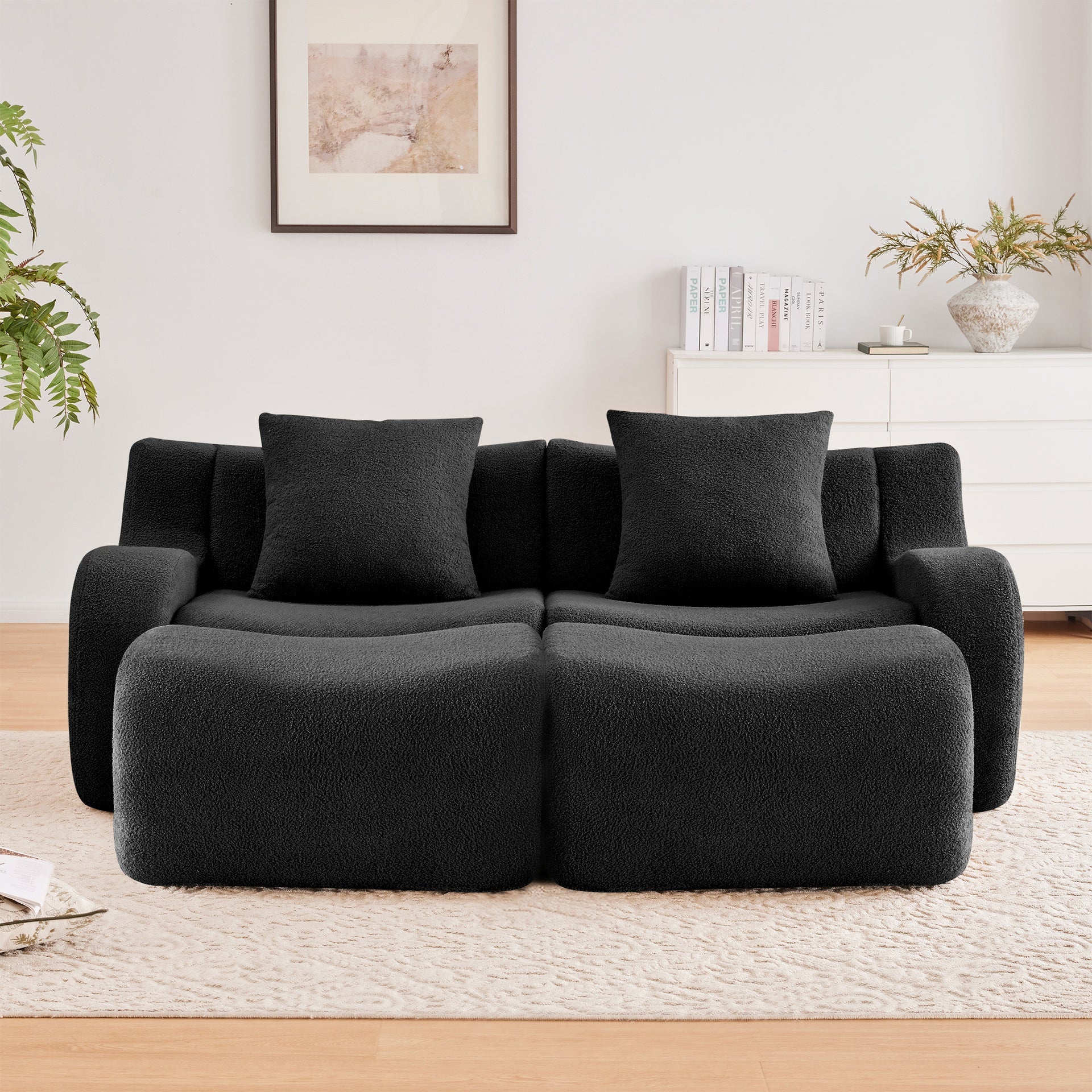 Soft Teddy Fabric Boneless Sofa,Anti-Slip Design,Assembly Chaise Lounge Curved Armrests Ergonomic Support 32D High Density Sponge,For Living Rooms Bedrooms,Black