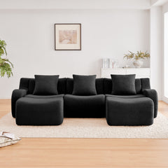 U-shaped Soft Teddy Fabric Boneless Sofa, Assembly Chaise,No Assembly Required Curved Armrest,Anti-Slip Design 32D High Density Sponge Streamlined Design,Fits Living Rooms Reading Nook,Black