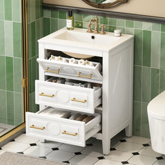 24'' Bathroom Vanity with Ceramic Sink Combo, Free Standing Single Vanity Set with 3 Drawers, Solid Wood Frame Bathroom Storage Cabinet, White
