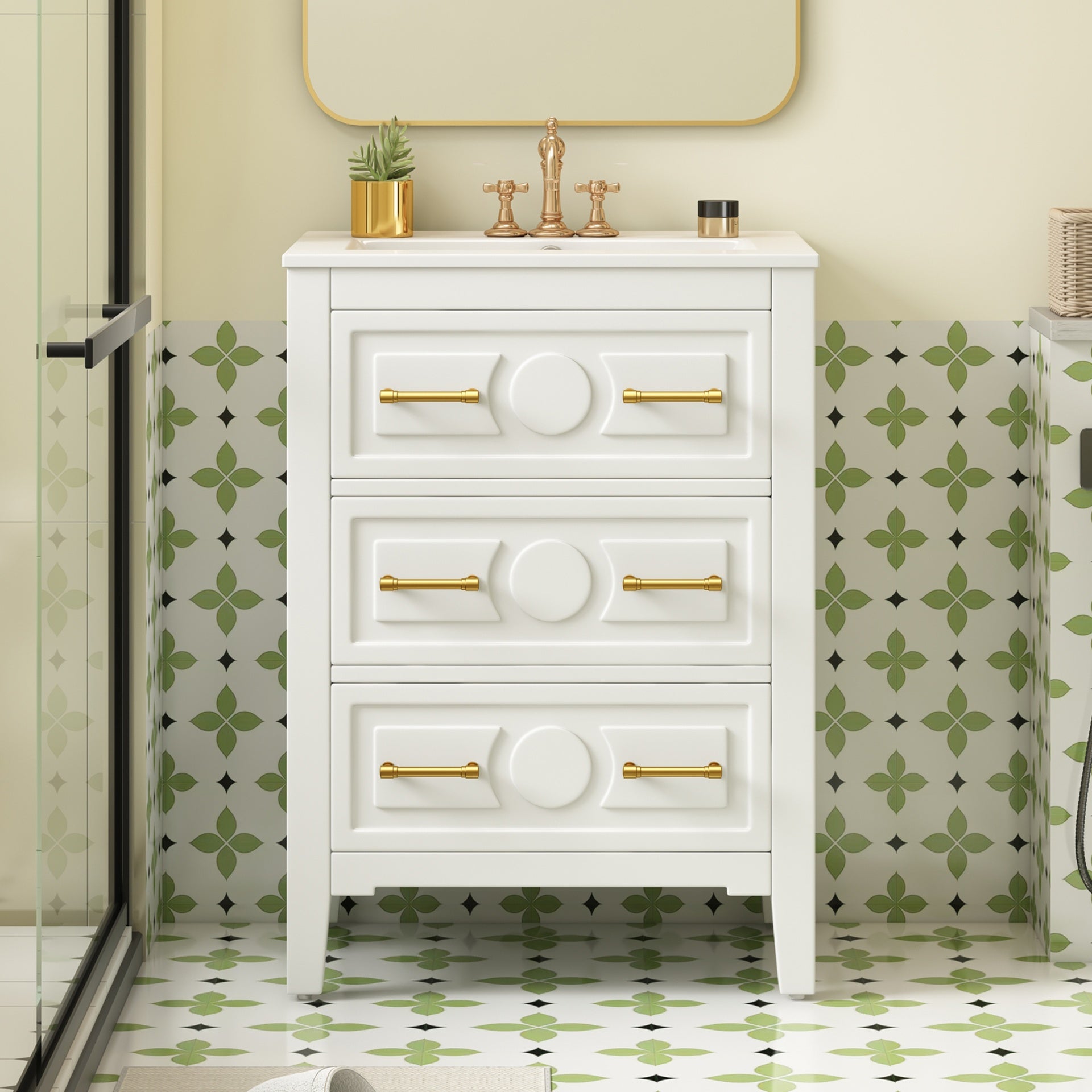 24'' Bathroom Vanity with Ceramic Sink Combo, Free Standing Single Vanity Set with 3 Drawers, Solid Wood Frame Bathroom Storage Cabinet, White