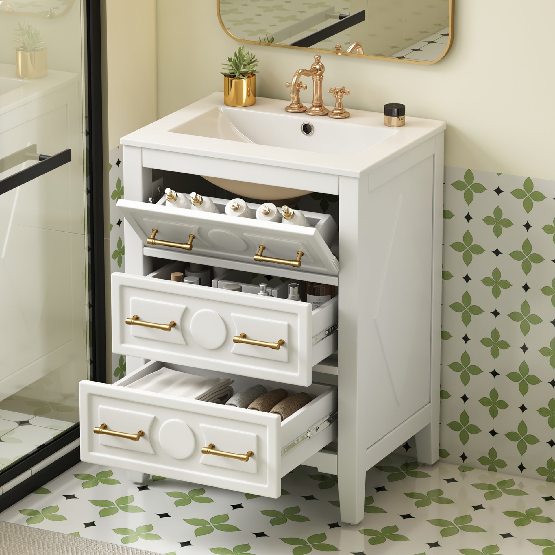 24'' Bathroom Vanity with Ceramic Sink Combo, Free Standing Single Vanity Set with 3 Drawers, Solid Wood Frame Bathroom Storage Cabinet, White