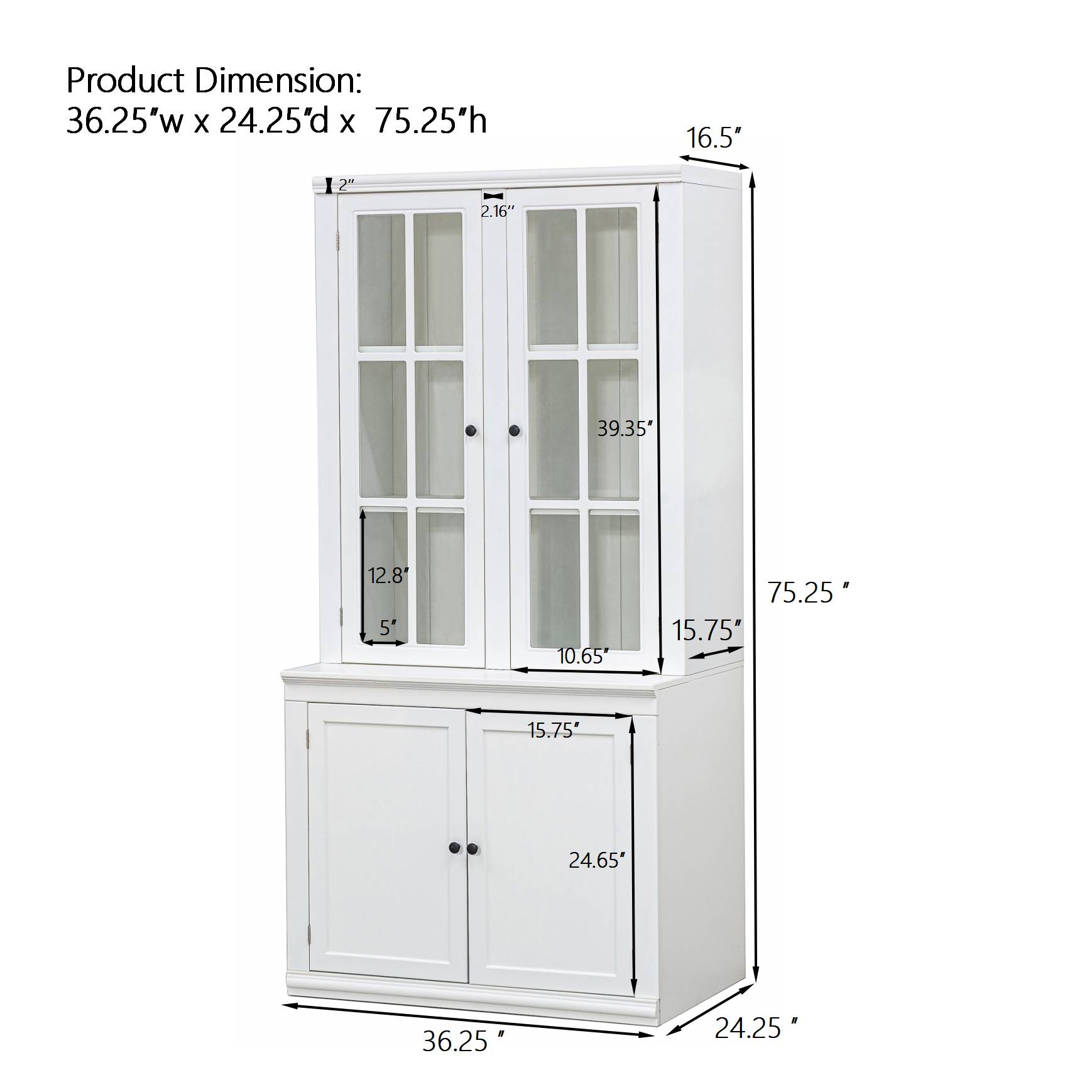 75.25''H 36.25''W Freestanding Glass Door Pantry, Farmhouse Style Display Cabinets, Hutch with Lattice Window, for Hallways, Livingroom Kitchen & Office,White
