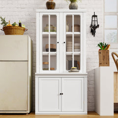 75.25''H 36.25''W Freestanding Glass Door Pantry, Farmhouse Style Display Cabinets, Hutch with Lattice Window, for Hallways, Livingroom Kitchen & Office,White