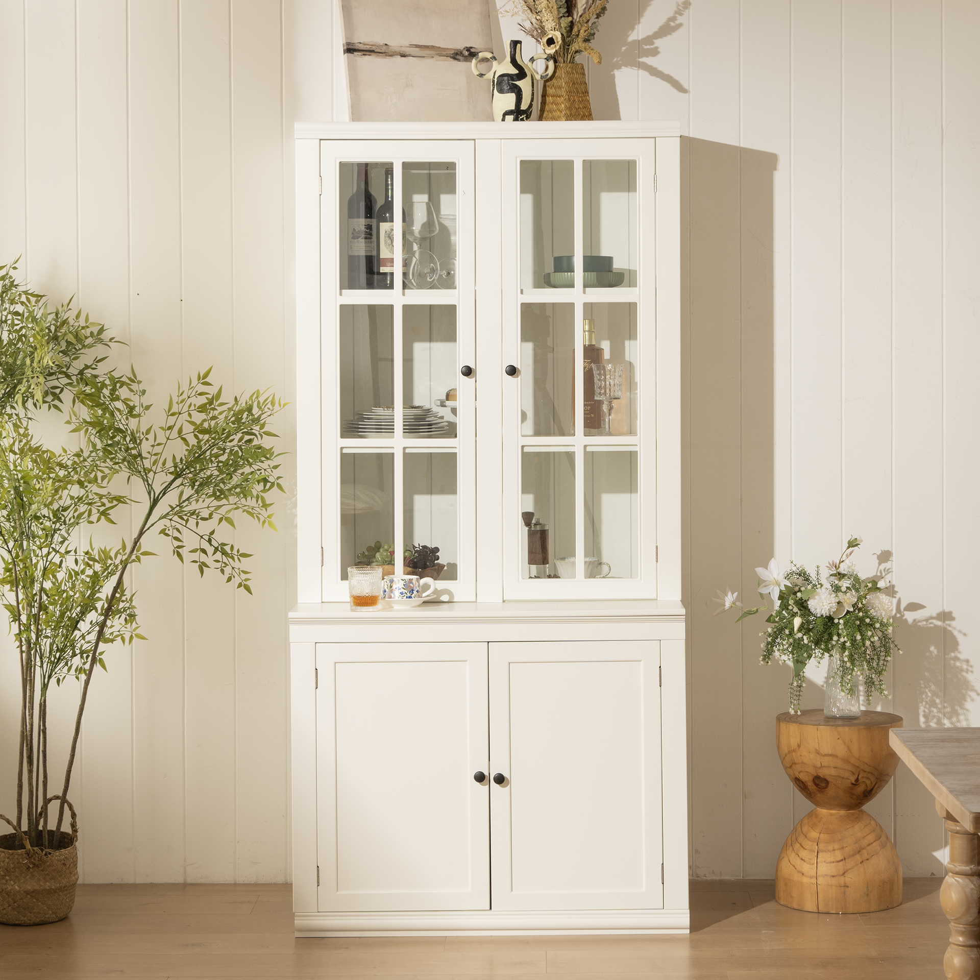 75.25''H 36.25''W Freestanding Glass Door Pantry, Farmhouse Style Display Cabinets, Hutch with Lattice Window, for Hallways, Livingroom Kitchen & Office,White