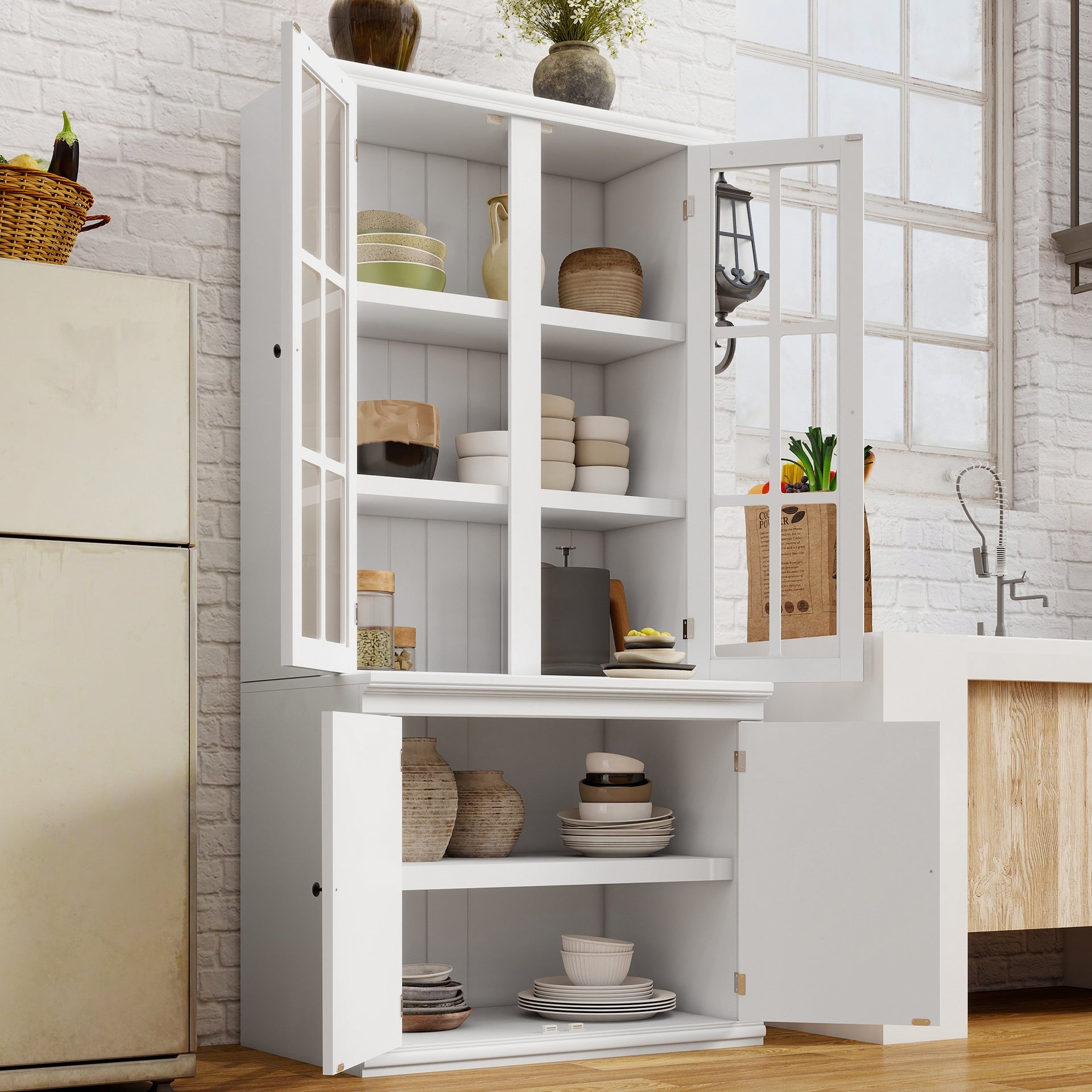 75.25''H 36.25''W Freestanding Glass Door Pantry, Farmhouse Style Display Cabinets, Hutch with Lattice Window, for Hallways, Livingroom Kitchen & Office,White