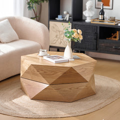 36.61'' Retro Style Polygon Flip Top Coffee Table, with Flip Top for Convenient Access, Hidden Storage, Solid Wood Veneered Drum Coffee Table with Storage for Living Room, Bedroom and Office, Natural
