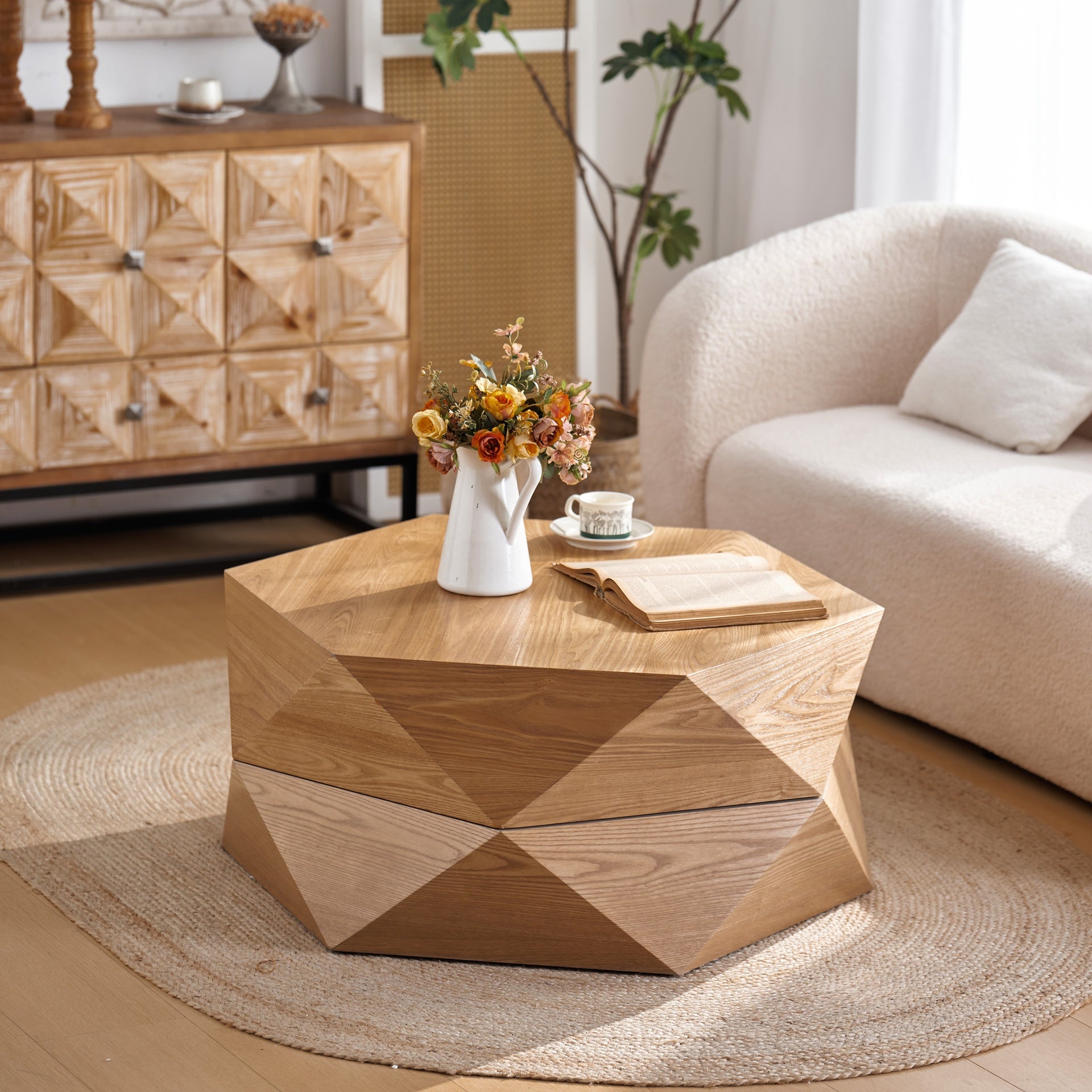 36.61'' Retro Style Polygon Flip Top Coffee Table, with Flip Top for Convenient Access, Hidden Storage, Solid Wood Veneered Drum Coffee Table with Storage for Living Room, Bedroom and Office, Natural
