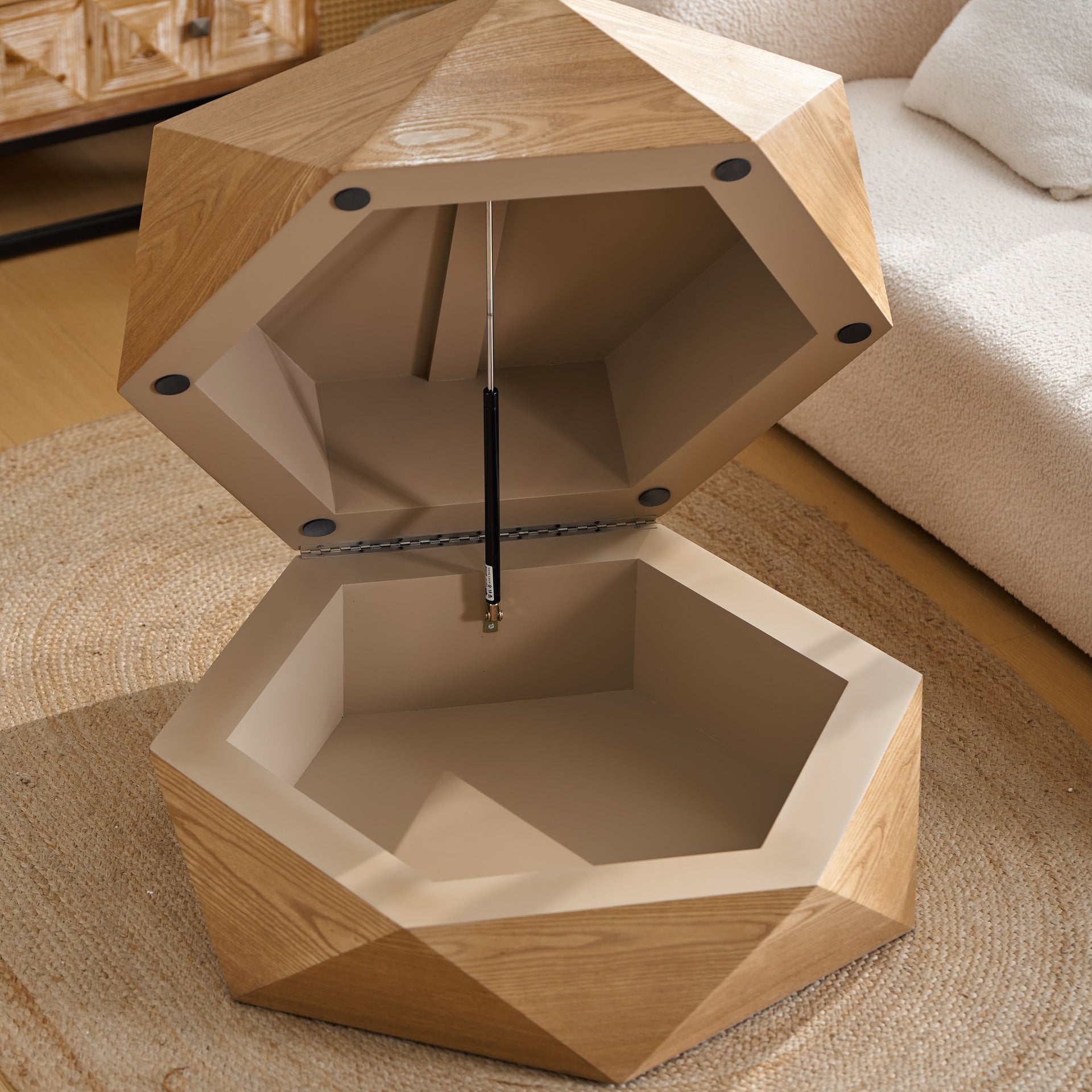 36.61'' Retro Style Polygon Flip Top Coffee Table, with Flip Top for Convenient Access, Hidden Storage, Solid Wood Veneered Drum Coffee Table with Storage for Living Room, Bedroom and Office, Natural