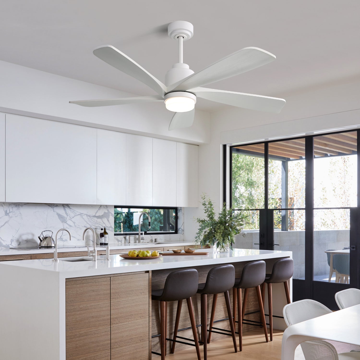 52 Inch Modern Ceiling Fan With Dimmable LED Light 5 Solid Wood Blades Remote Control Reversible DC Motor With Smart APP Control