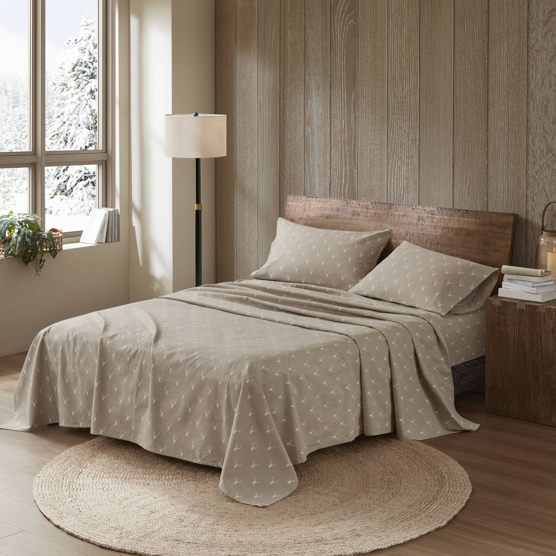 4 Pieces Twin 100% Cotton Flannel Printed Sheet Set,Stag Head