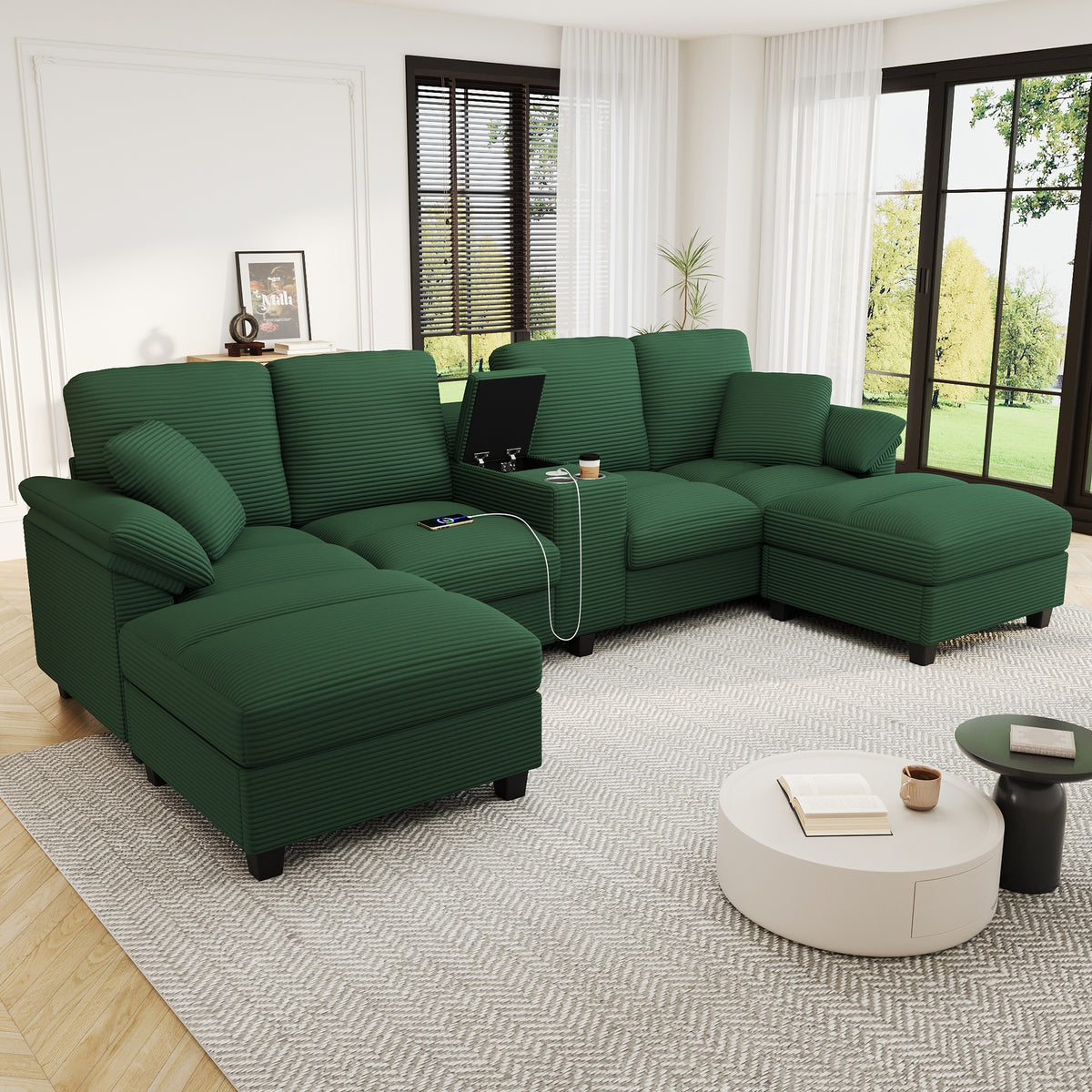 Modern U-shaped Sofa 116.9" Sectional Sofa Corduroy Upholstered Sofa Couch with Storage Ottomans, Cup Holders and USB Ports for Living Room, Green