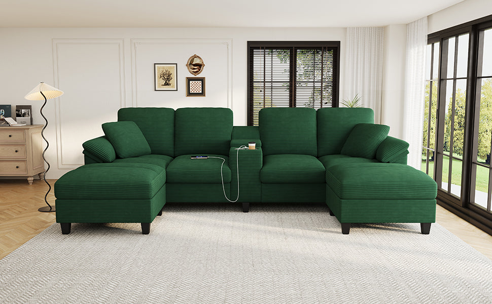 Modern U-shaped Sofa 116.9" Sectional Sofa Corduroy Upholstered Sofa Couch with Storage Ottomans, Cup Holders and USB Ports for Living Room, Green