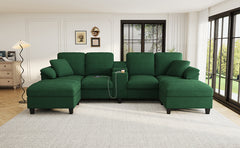 Modern U-shaped Sofa 116.9" Sectional Sofa Corduroy Upholstered Sofa Couch with Storage Ottomans, Cup Holders and USB Ports for Living Room, Green