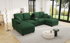Modern U-shaped Sofa 116.9" Sectional Sofa Corduroy Upholstered Sofa Couch with Storage Ottomans, Cup Holders and USB Ports for Living Room, Green