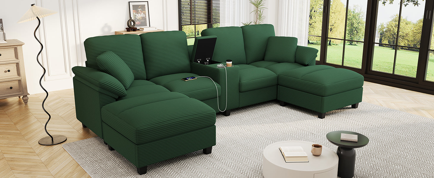 Modern U-shaped Sofa 116.9" Sectional Sofa Corduroy Upholstered Sofa Couch with Storage Ottomans, Cup Holders and USB Ports for Living Room, Green