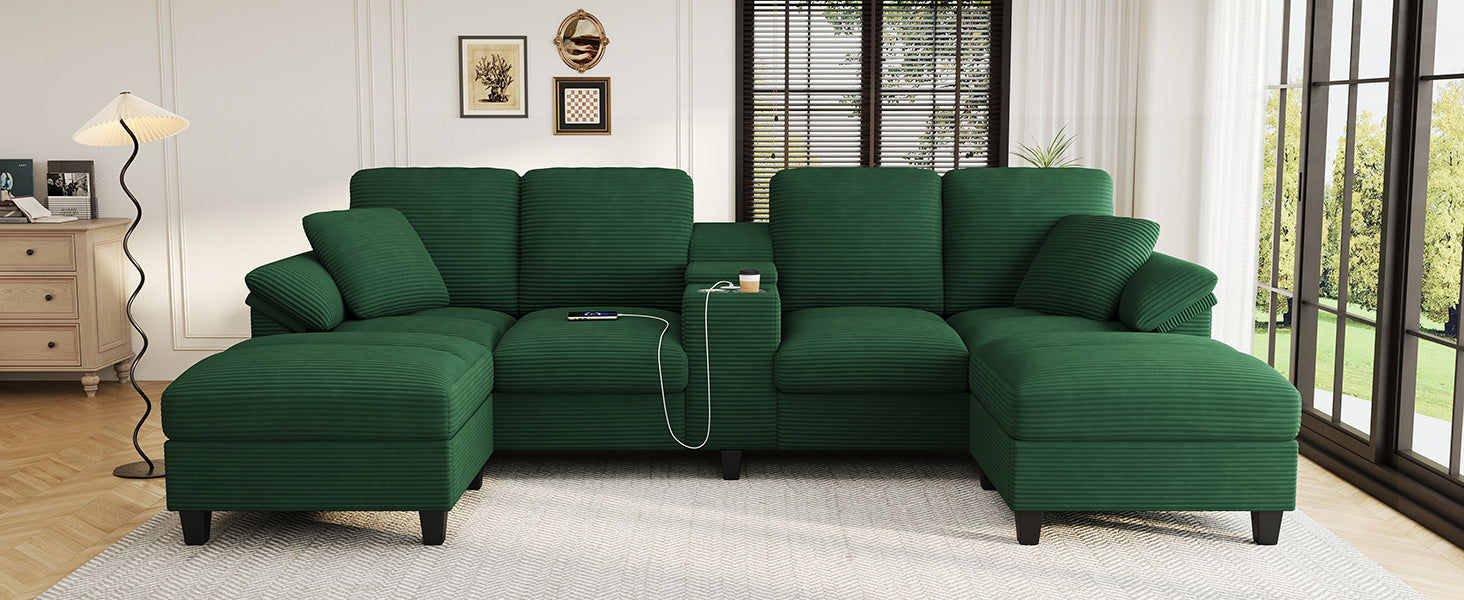 Modern U-shaped Sofa 116.9" Sectional Sofa Corduroy Upholstered Sofa Couch with Storage Ottomans, Cup Holders and USB Ports for Living Room, Green