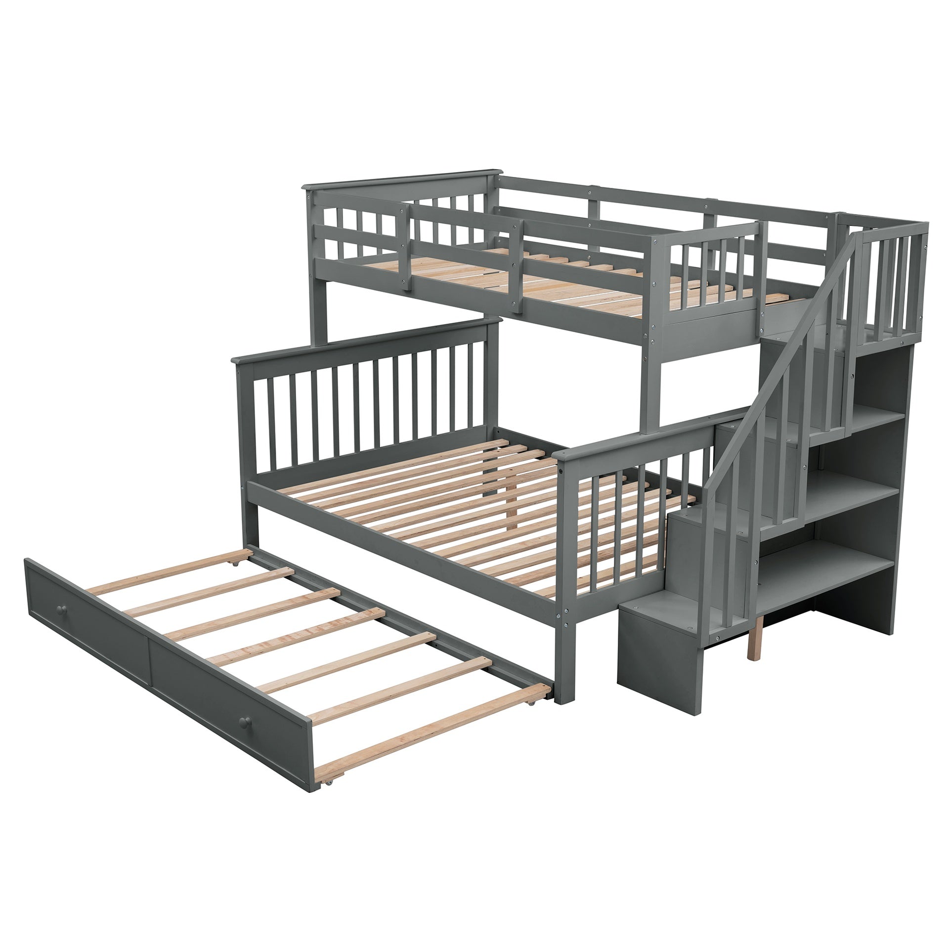 Stairway Twin-Over-Full Bunk Bed with Twin size Trundle, Storage and Guard Rail for Bedroom, Dorm, for Adults, Gray
