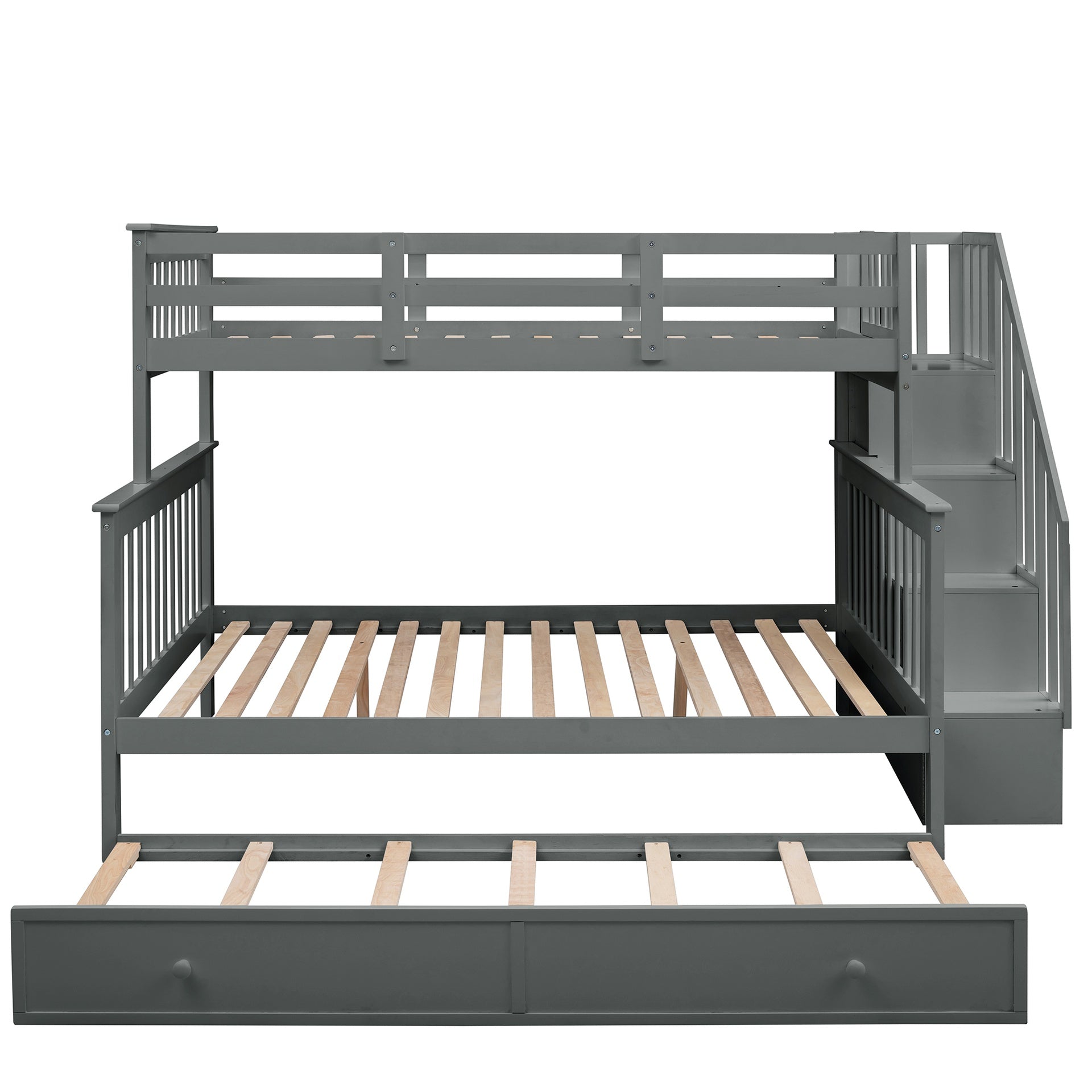 Stairway Twin-Over-Full Bunk Bed with Twin size Trundle, Storage and Guard Rail for Bedroom, Dorm, for Adults, Gray