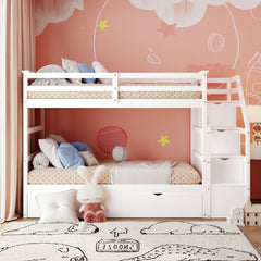 Twin-Over-Twin Bunk Bed with Twin Size Trundle and 3 Storage Stairs,White