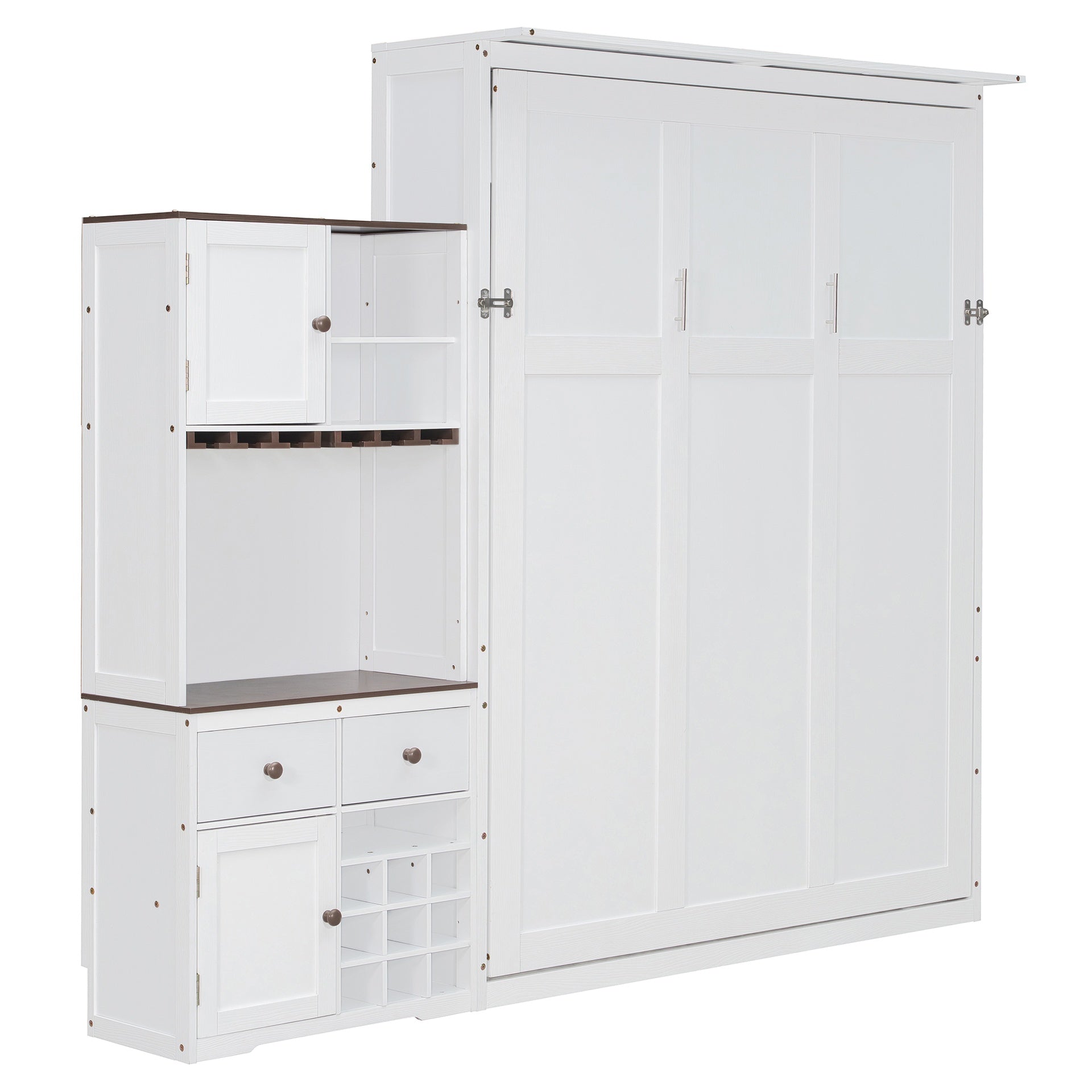 Queen Size Murphy Bed with Storage Cabinet, Wine Rack, Glass Holder, Drawers and Multi-Color LED Strip, White