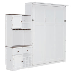 Queen Size Murphy Bed with Storage Cabinet, Wine Rack, Glass Holder, Drawers and Multi-Color LED Strip, White