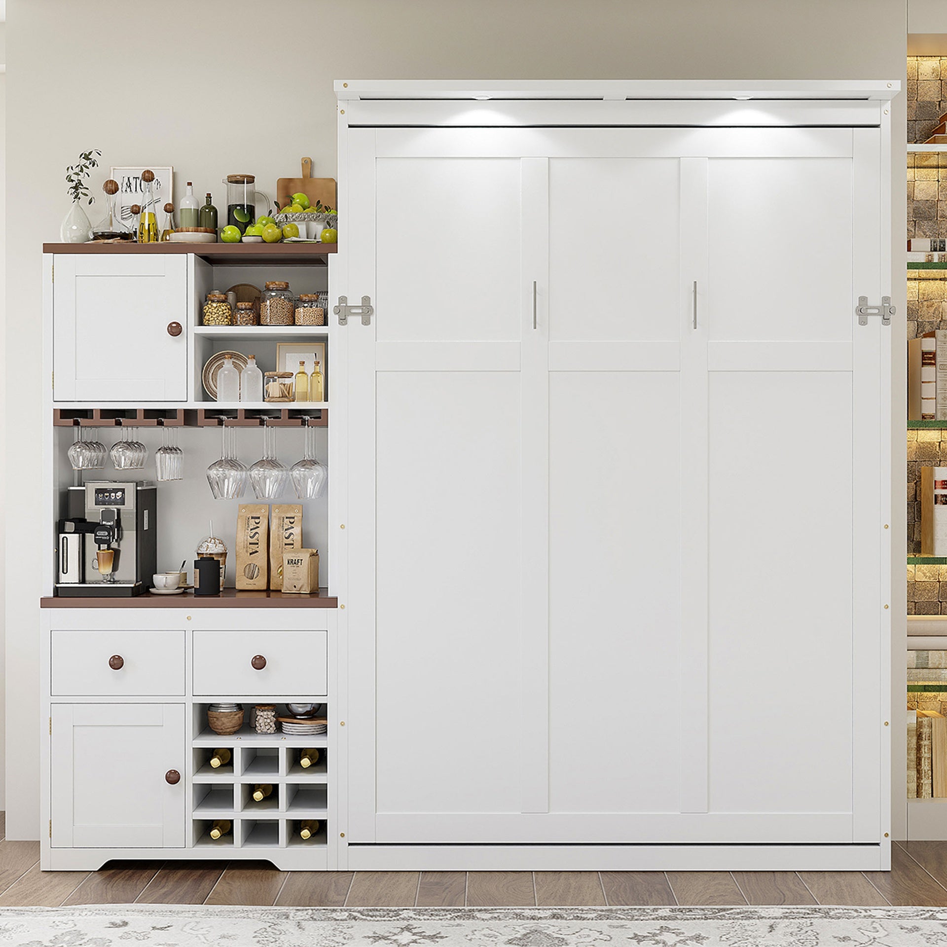 Queen Size Murphy Bed with Storage Cabinet, Wine Rack, Glass Holder, Drawers and Multi-Color LED Strip, White